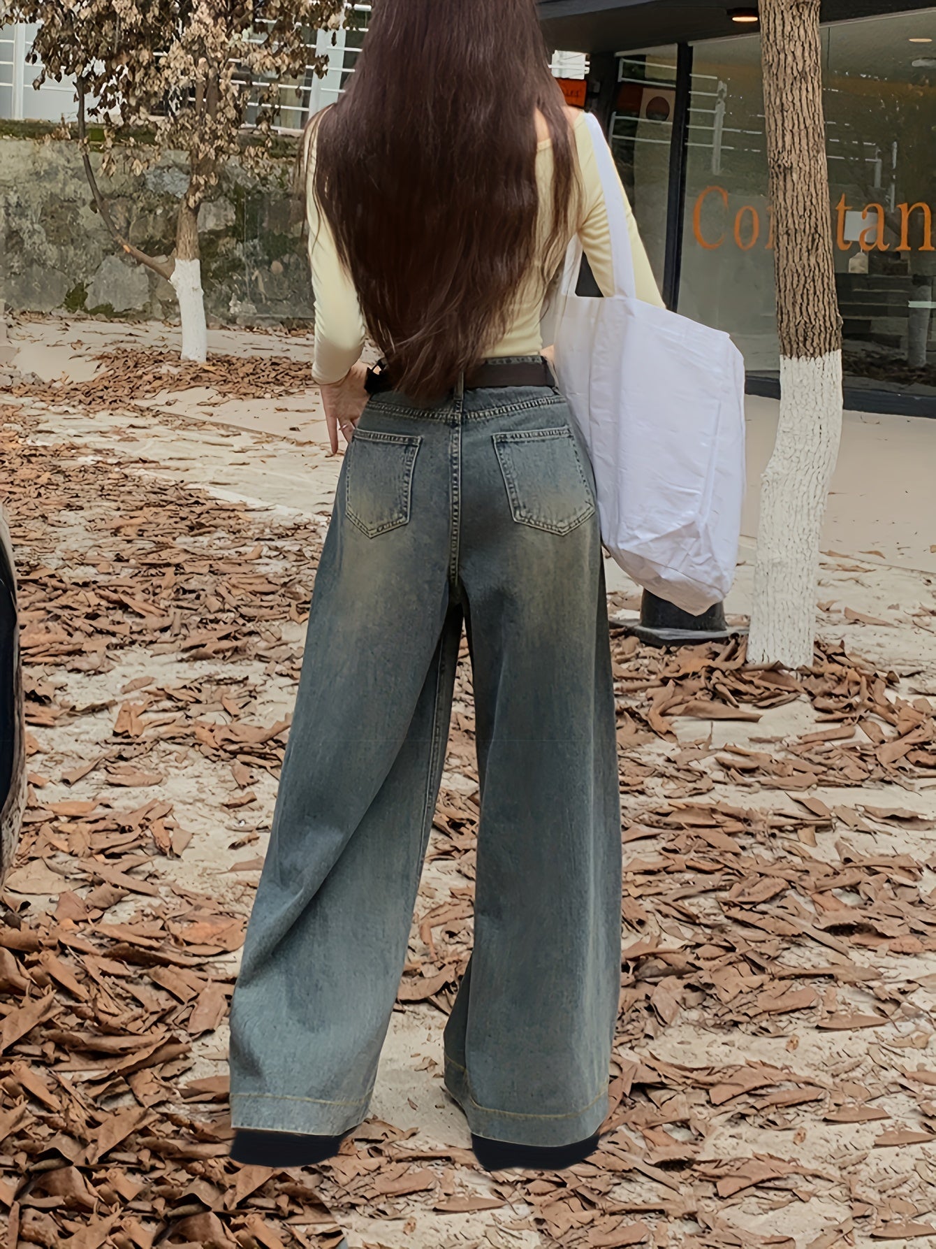 Sixsr High Waist Washed Baggy Jeans, Fleece Liner Loose Fit Without Waistband Wide Legs Jeans, Women's Denim Jeans & Clothing