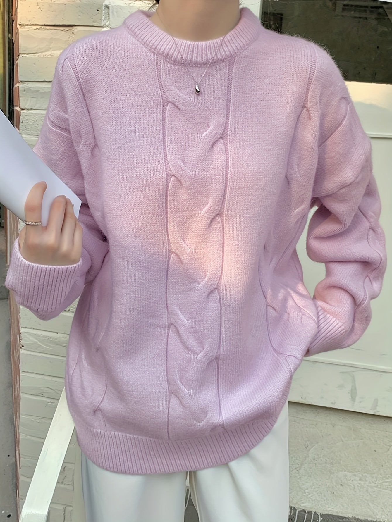 Sixsr Solid Cable Knit Loose Sweater, Casual Crew Neck Long Sleeve Sweater, Women's Clothing