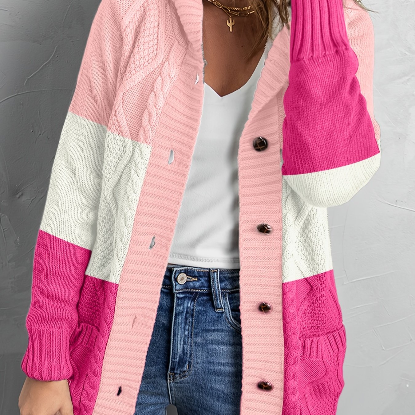 Sixsr Oversized Knit Hoodie, Long Chunky Knit Front Pocket Hooded Cardigan Sweater, Casual Tops For Fall & Winter, Women's Clothing