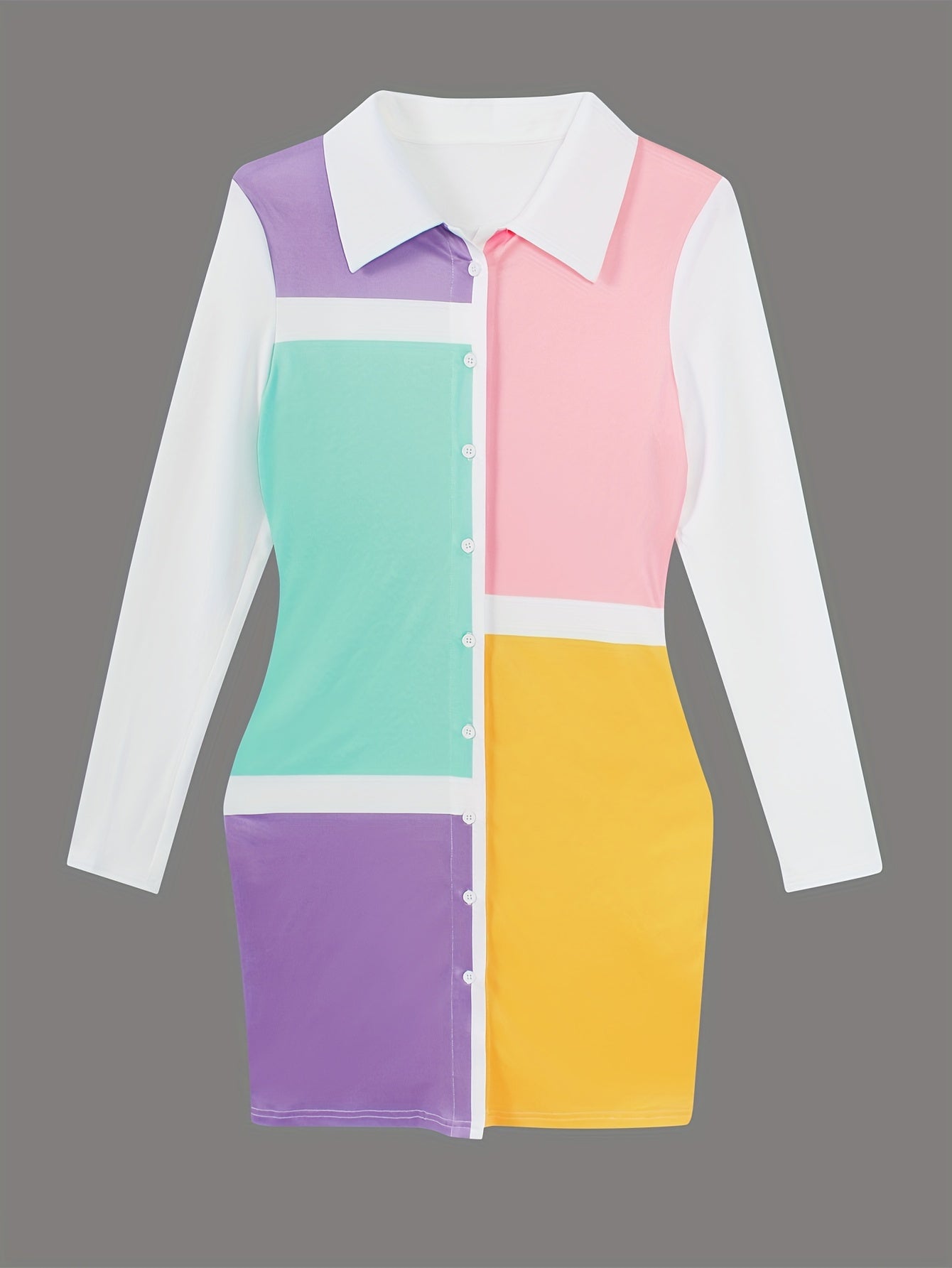 Sixsr Color Block Shirt Dress, Casual Button Front Long Sleeve Mini Dress, Women's Clothing