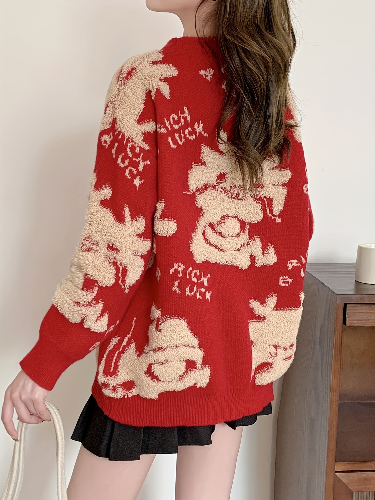 Sixsr Dragon Pattern Crew Neck Pullover Sweater, Cute Long Sleeve Fall Winter Sweater, Women's Clothing