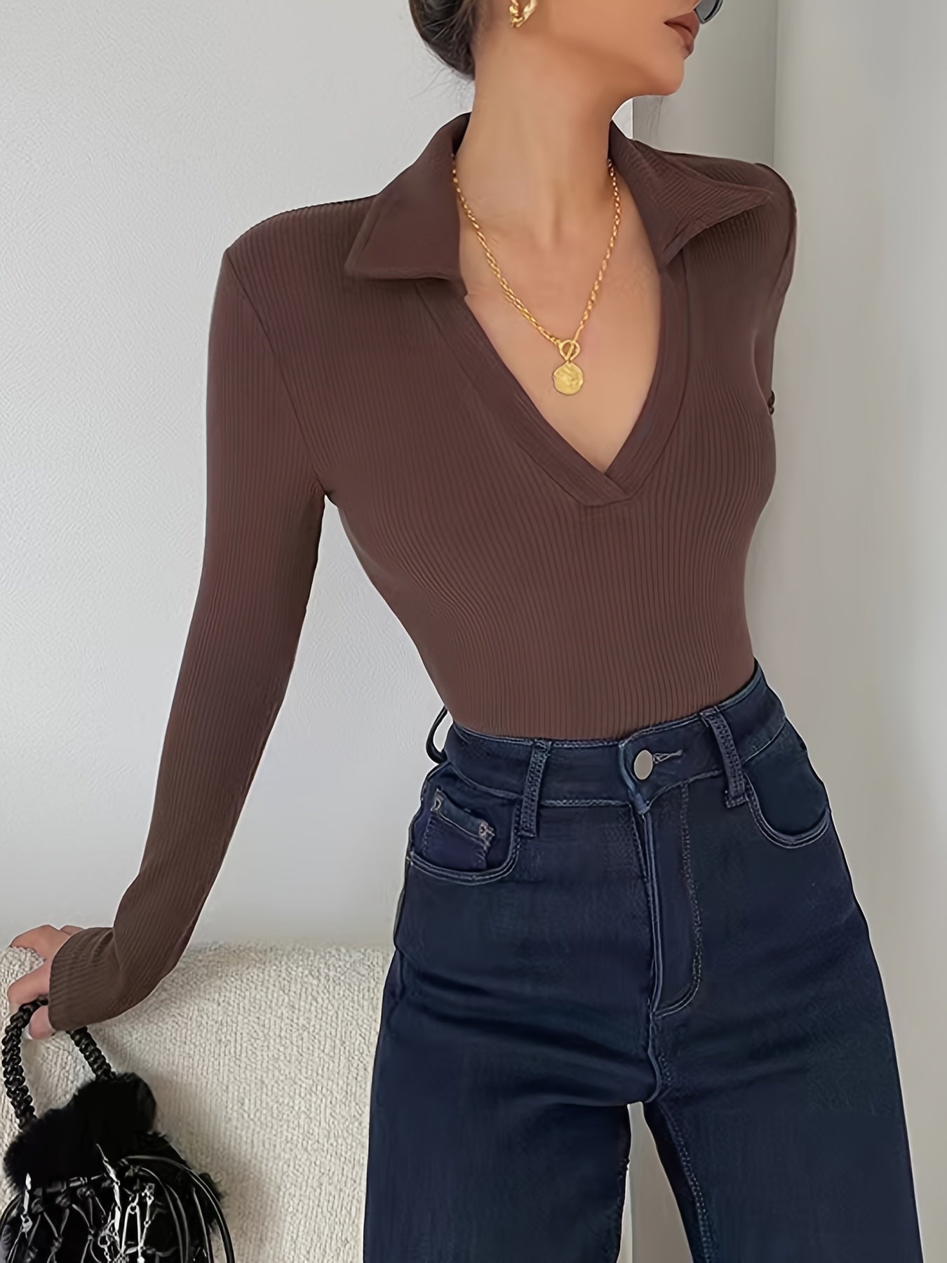 Sixsr Basic Elegant Polo Collar T-Shirt, Solid Casual Stretchy Long Sleeve Top For Spring, Women's Clothing