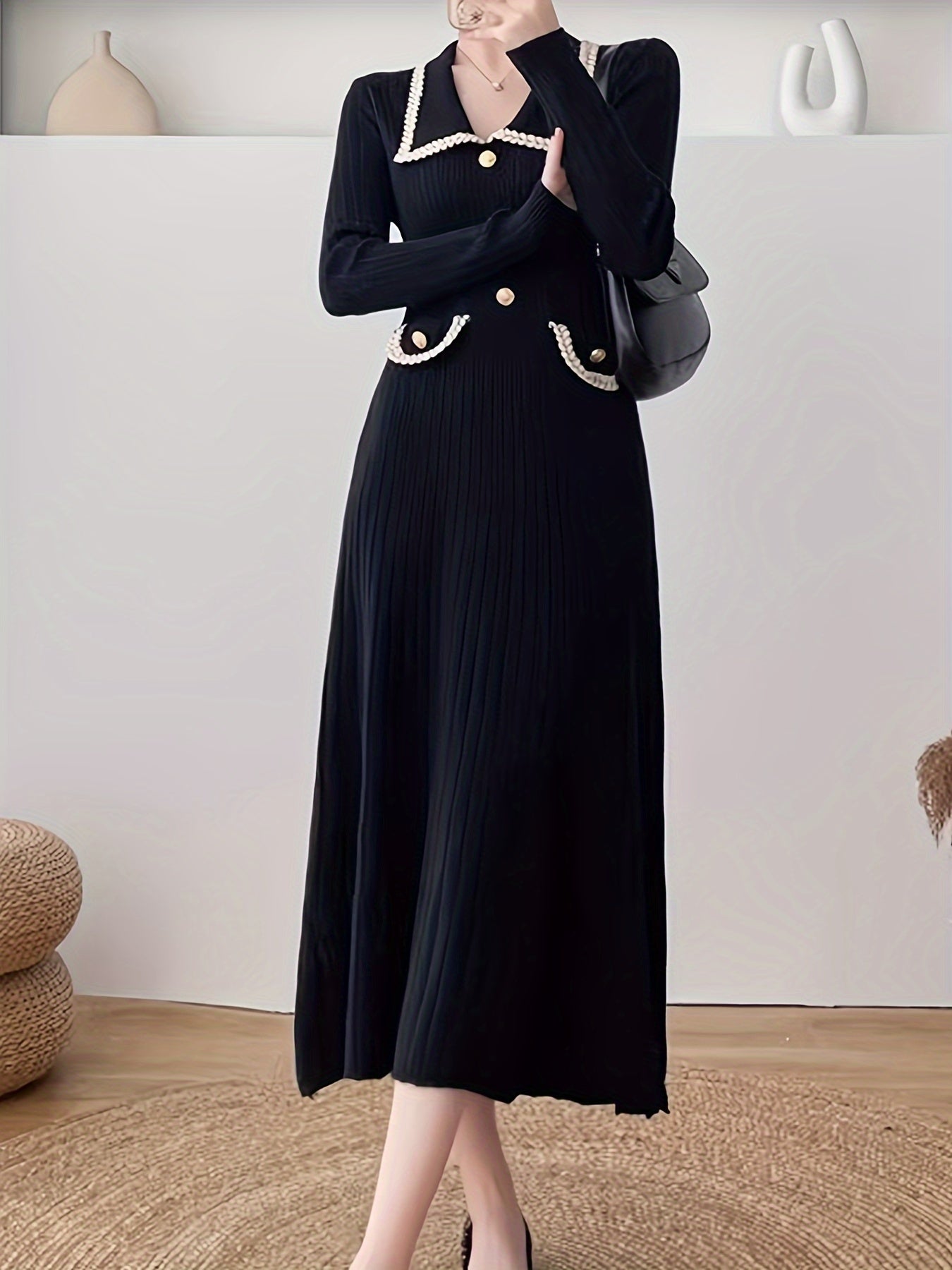 Sixsr Button Front High Waist Dress, Elegant Long Sleeve Midi Dress, Women's Clothing