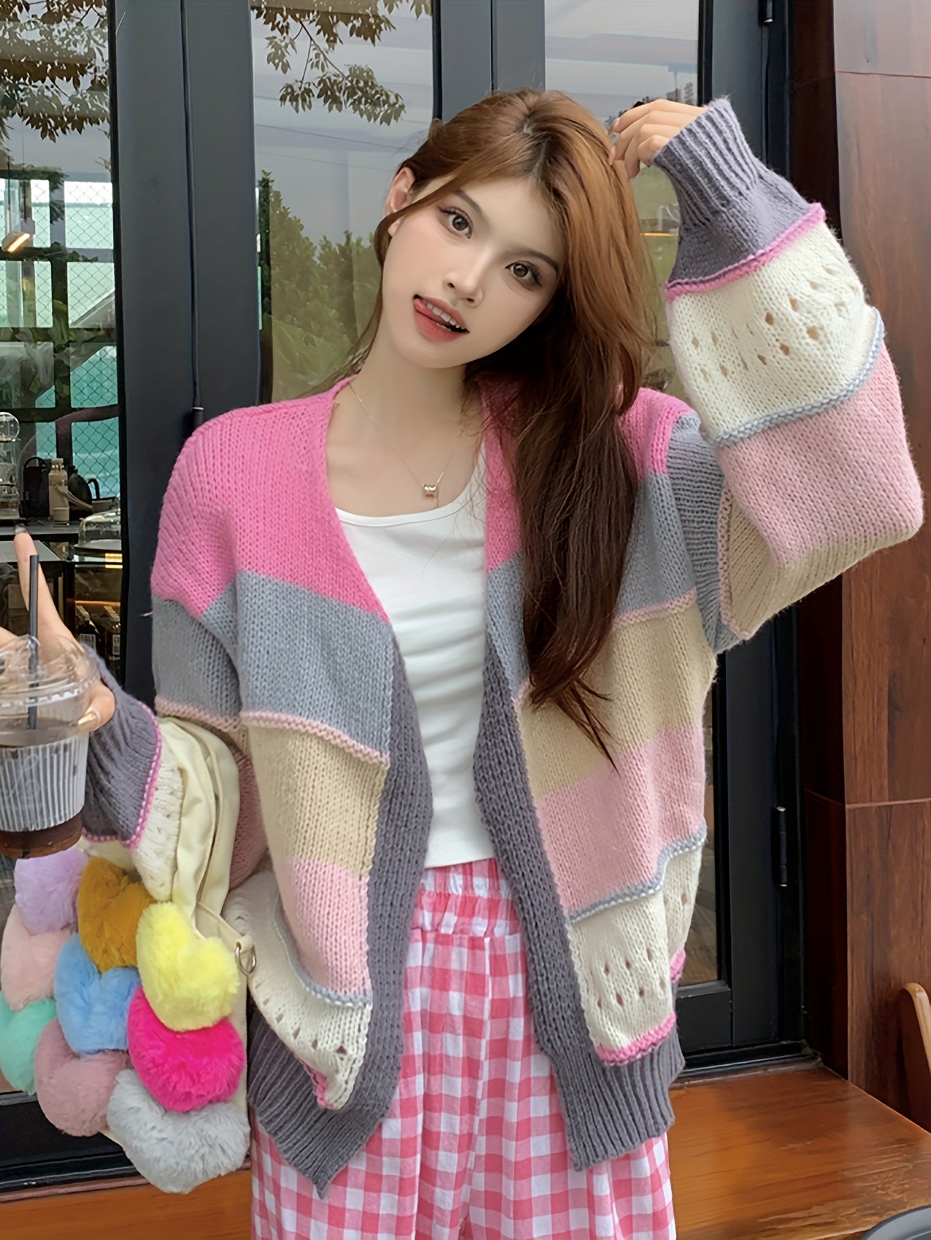 Sixsr Color Block Open Front Knit Cardigan, Casual Long Sleeve Loose Sweater, Women's Clothing