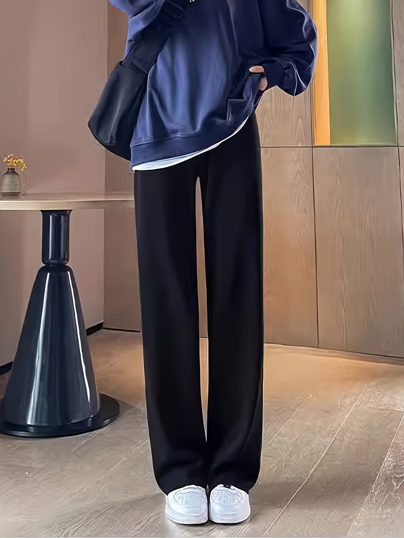 Sixsr Solid Draped Straight Leg Pants, Casual High Waist Loose Pants, Women's Clothing
