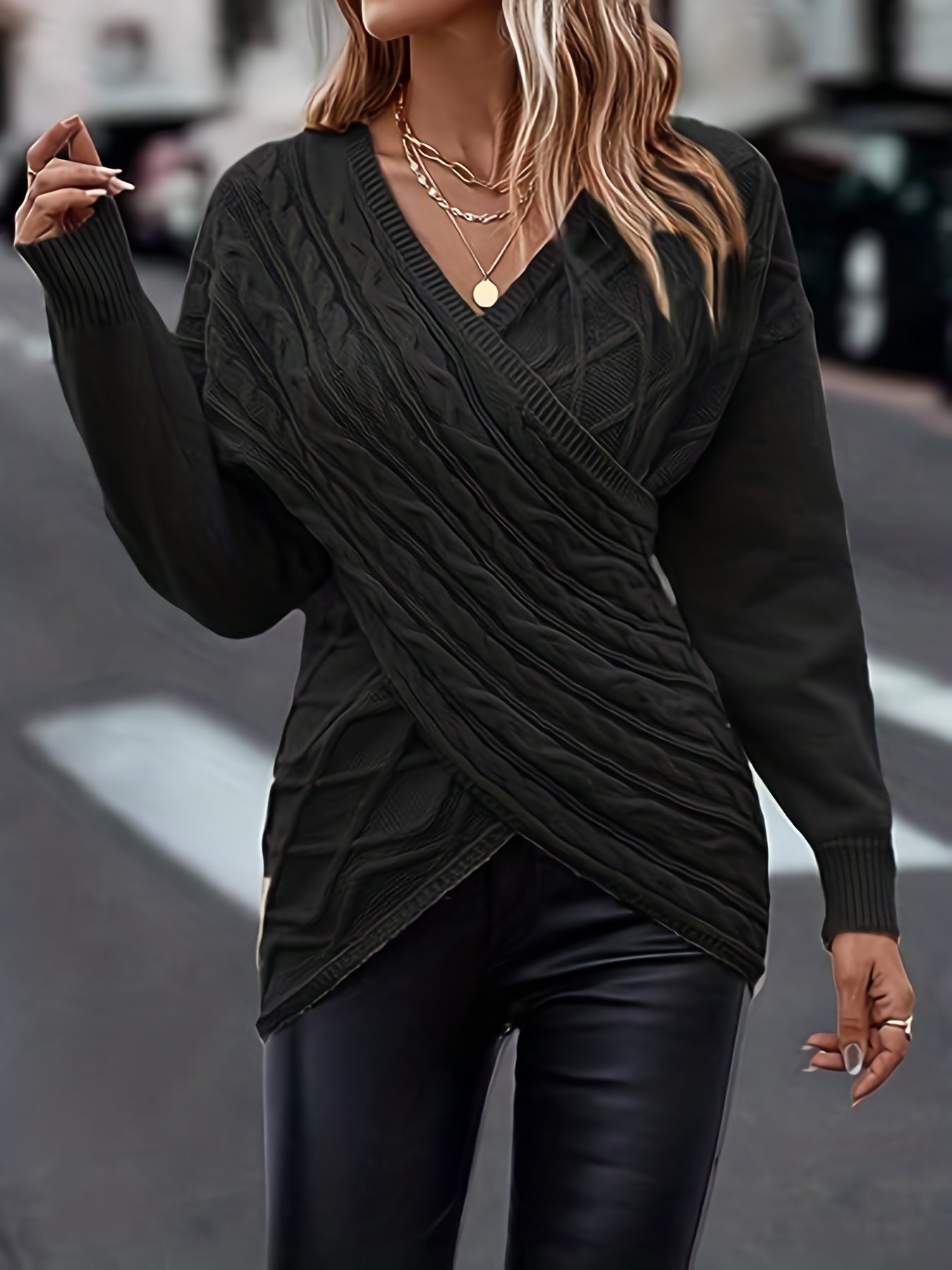 Sixsr Plus Size Elegant Sweater, Women's Plus Solid Cable Drop Shoulder Long Sleeve Wrap Cross V Neck Jumper