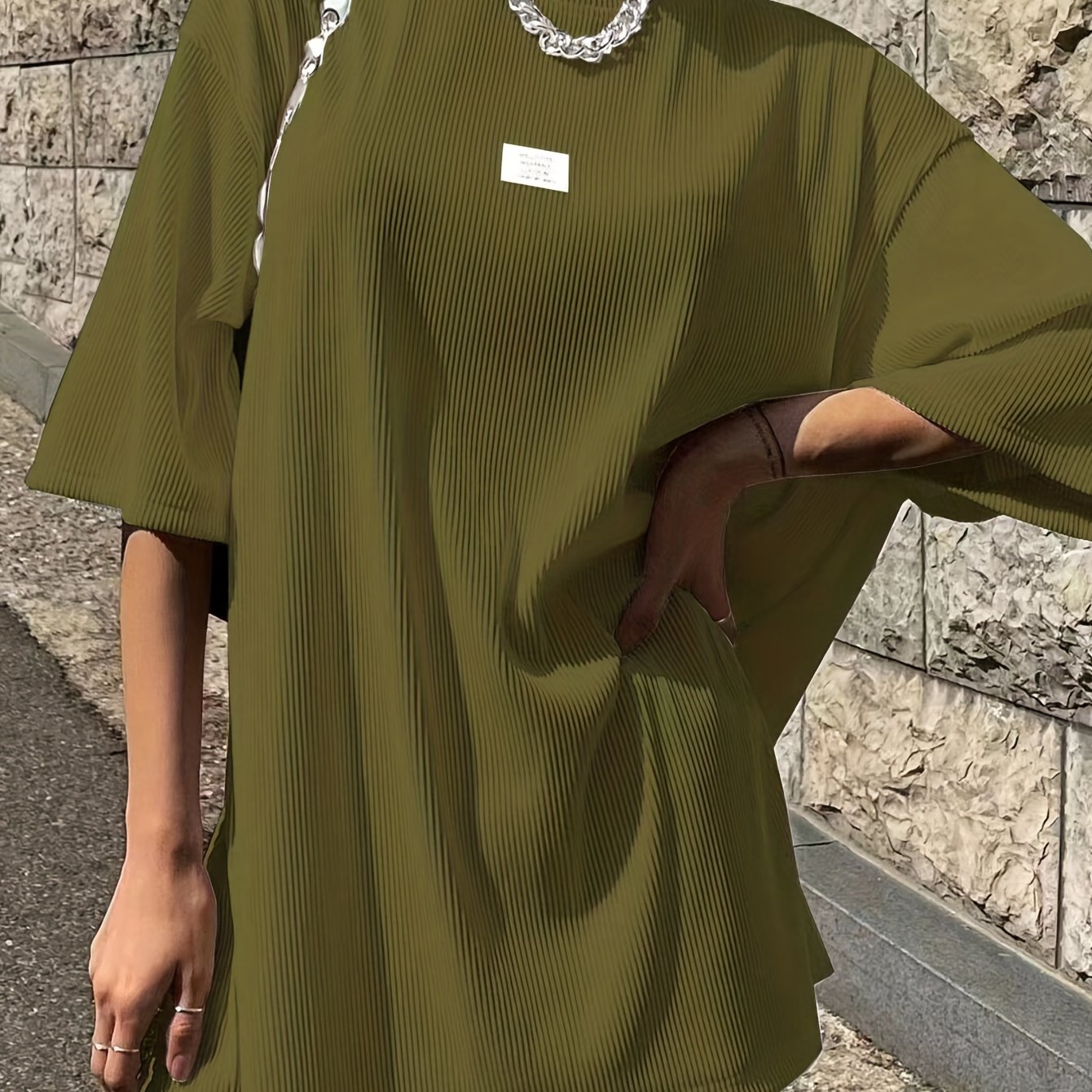 Sixsr Oversized Drop Shoulder Ribbed T-Shirt, Casual Crew Neck Short Sleeve T-Shirt For Spring & Summer, Women's Clothing