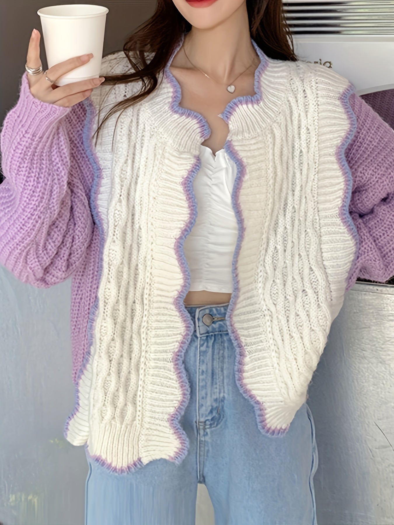 Sixsr Color Block Rib Knit Cradigan, Casual Long Sleeve Scollop Trim Sweater, Women's Clothing