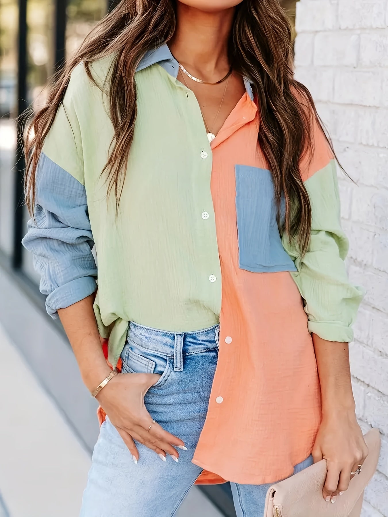 Sixsr Plus Size Casual Blouse, Women's Plus Colorblock Cinkle Butoon Up Long Sleeve Turn Down Collar Blouse