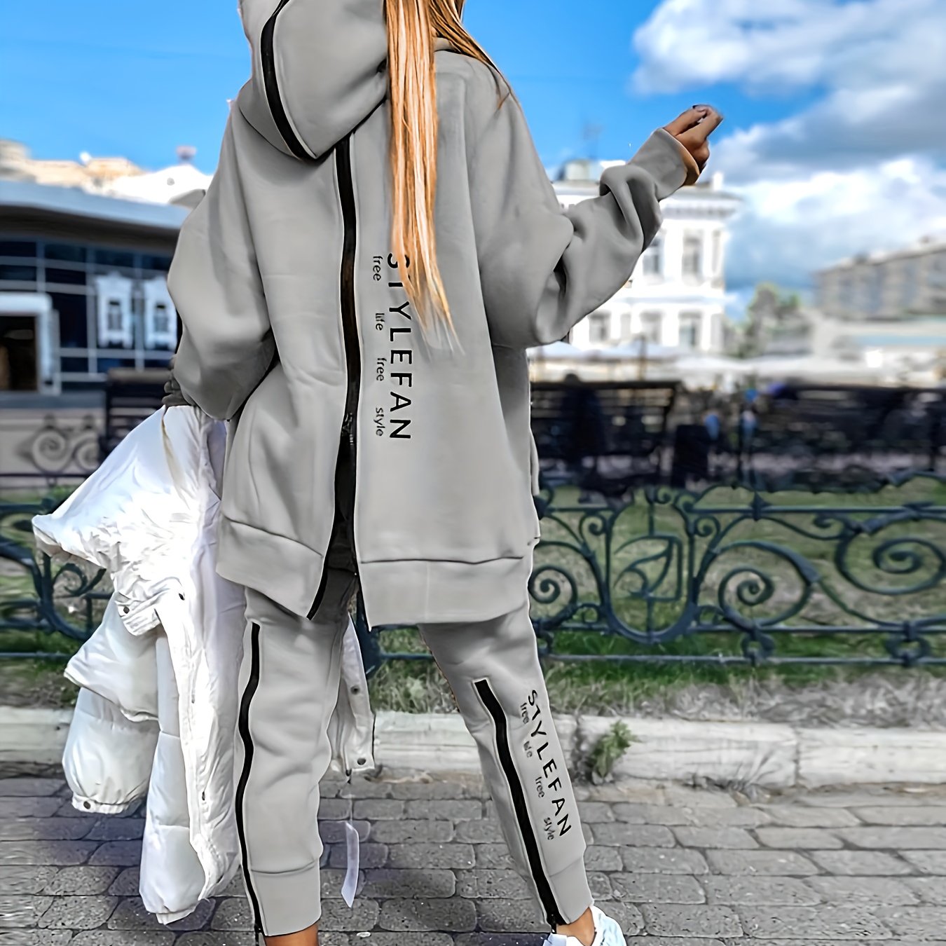 Sixsr Letter Print Two-piece Set, Zipper Back Drop Shoulder Hoodie & Elastic Waist Casual Pants Outfits, Women's Clothing