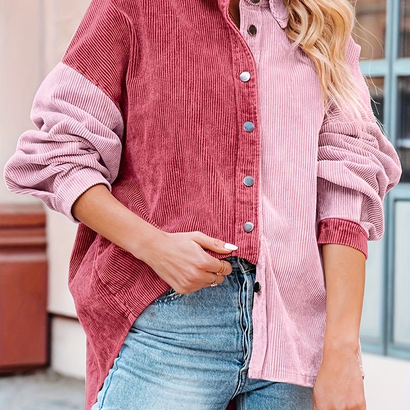 Sixsr Color Block Single Breasted Jacket, Vintage Corduroy Long Sleeve Outwear For Fall , Women's Clothing