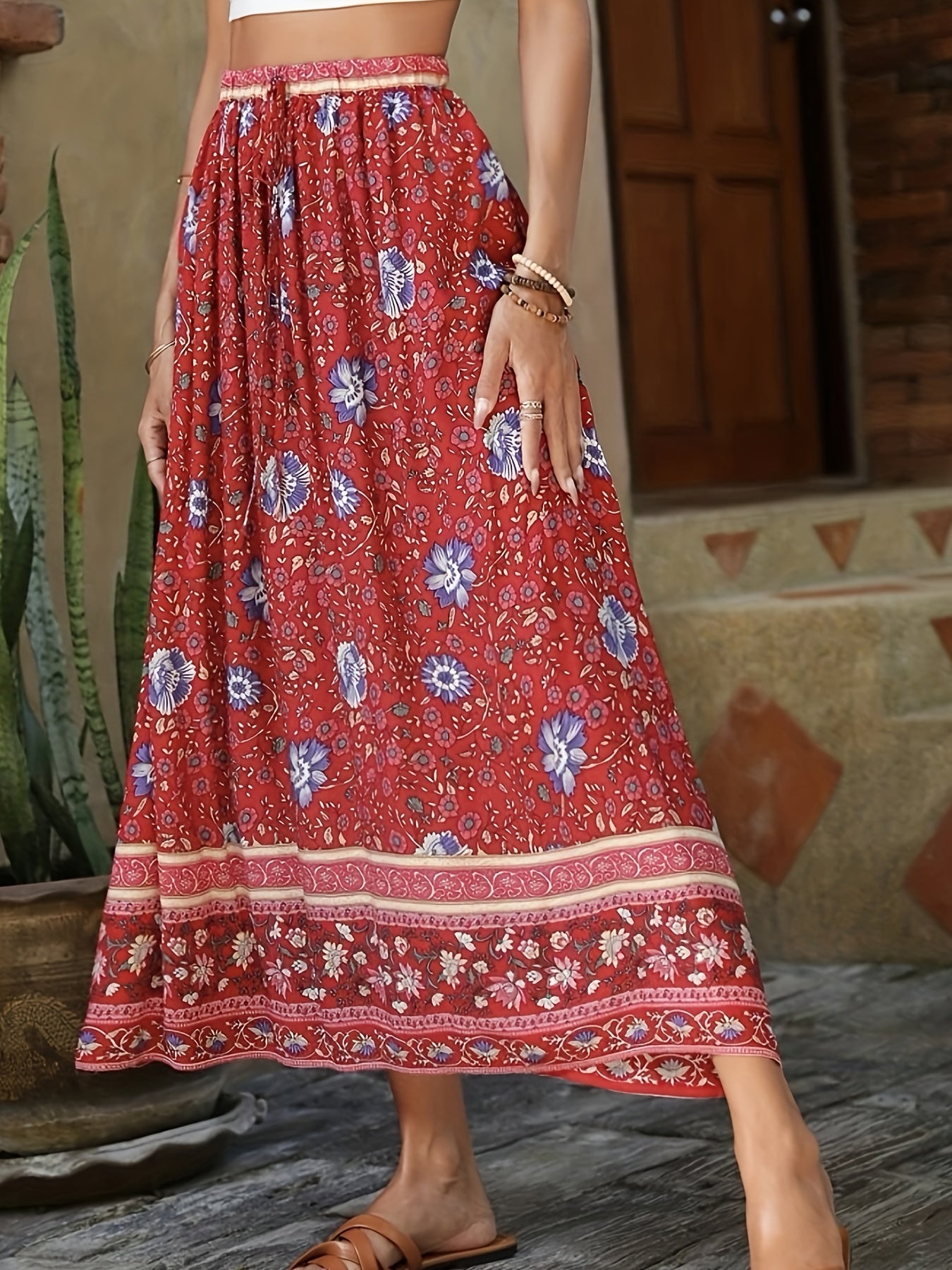 Sixsr Floral Print Drawstring Waist Skirt, Boho Skirt For Spring & Summer, Women's Clothing