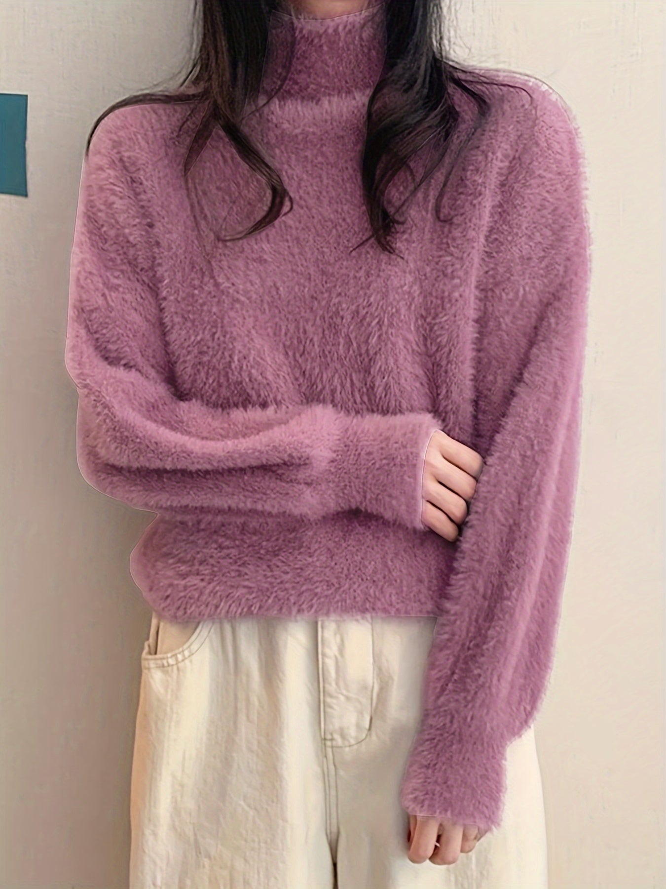 Sixsr Solid Mock Neck Plush Pullover Sweater, Casual Ong Sleeve Cozy Sweater, Women's Clothing
