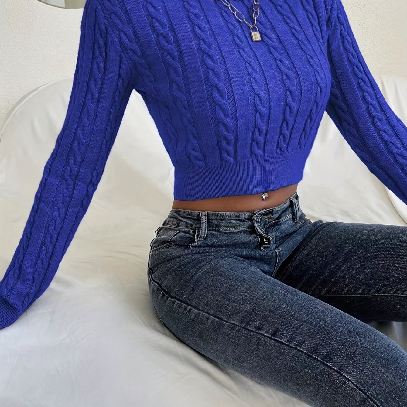 Sixsr Solid Cable Knit Sweater, Casual Crew Neck Long Sleeve Slim Sweater, Women's Clothing