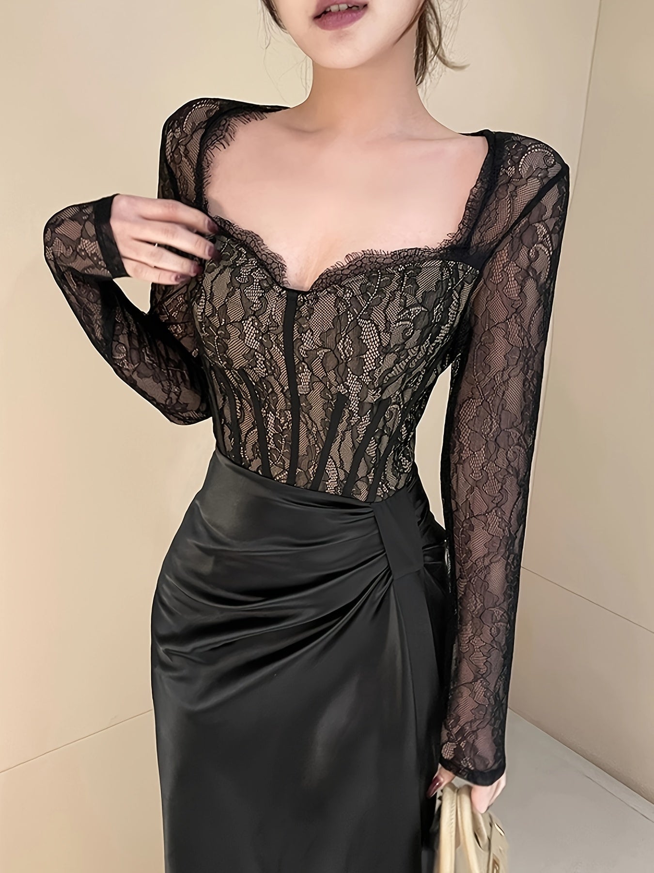 Sixsr Contrast Lace Splicing Dress, Elegant Long Sleeve Dress For Party & Banquet, Women's Clothing
