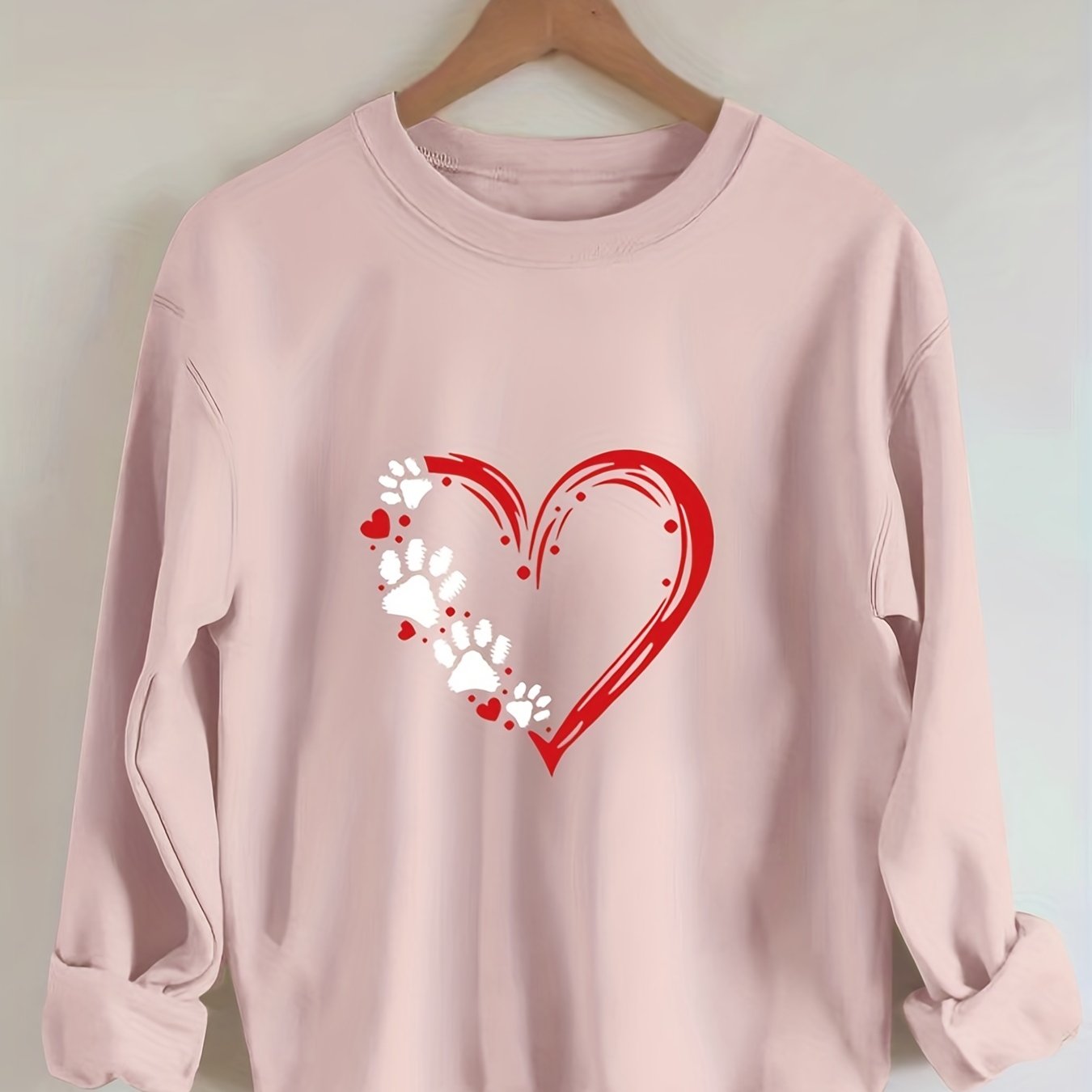 Sixsr Plus Size Casual Sweatshirt, Women's Plus Paw Heart Print Long Sleeve Round Neck Slight Stretch Sweatshirt
