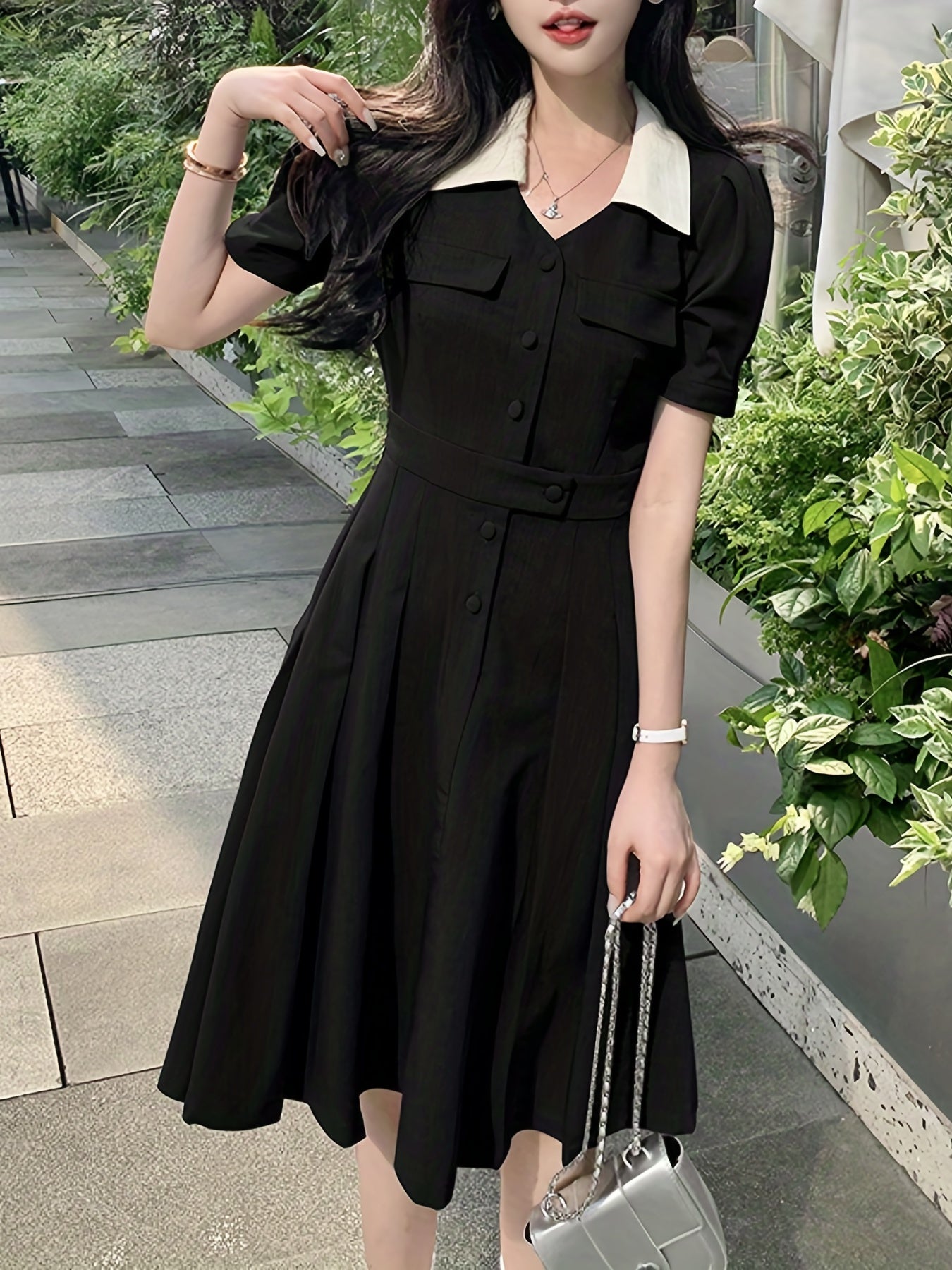 Sixsr Button Front Tucked Dress, Elegant Puff Sleeve V Neck Dress, Women's Clothing