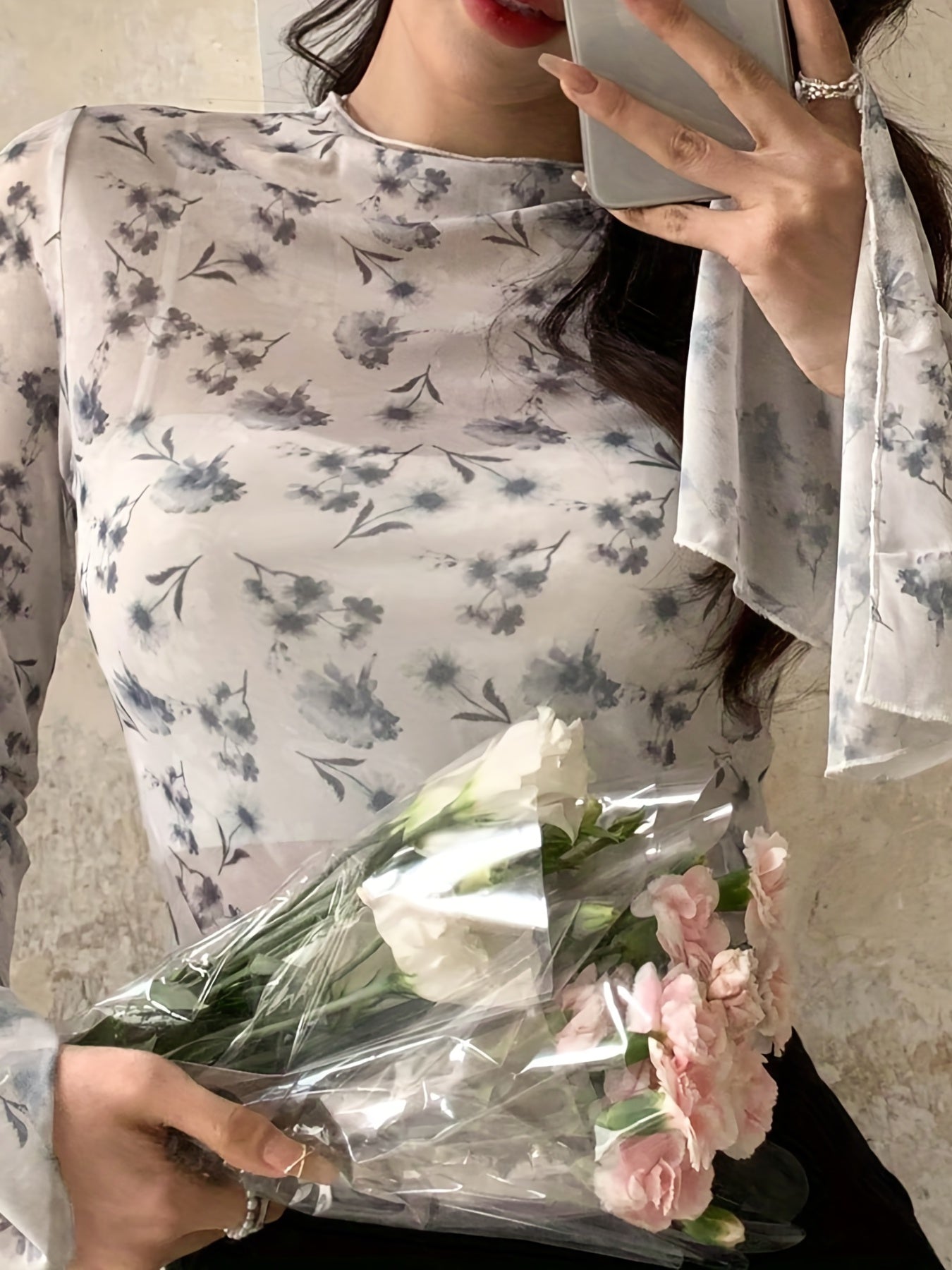Sixsr Floral Print Flared Sleeve Blouse, Casual Crew Neck Semi-Sheer Blouse, Women's Clothing