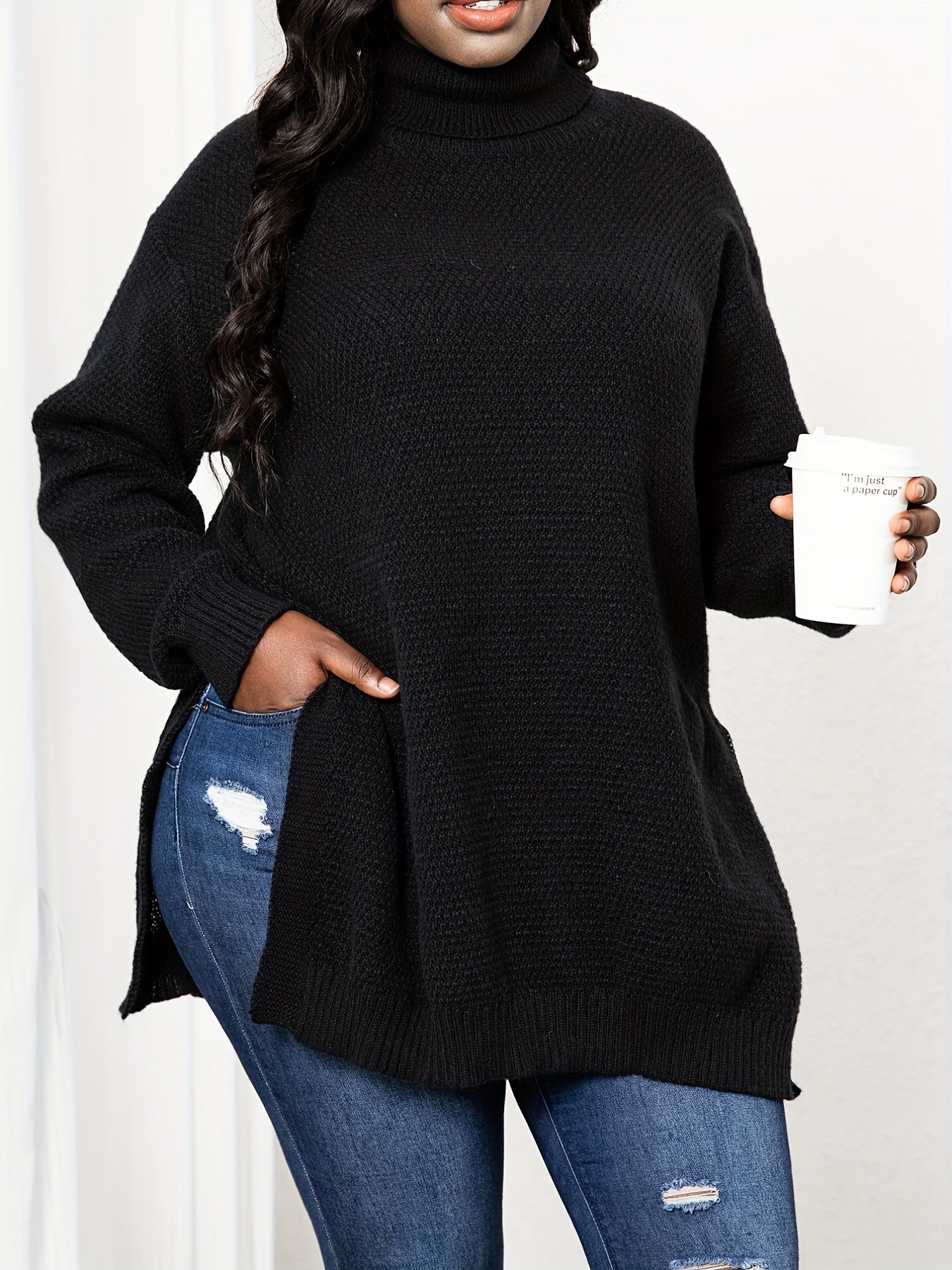Sixsr Plus Size Turtle Neck Knit Side Slit Sweater, Women's Plus Solid High Stretch Elegant Sweater