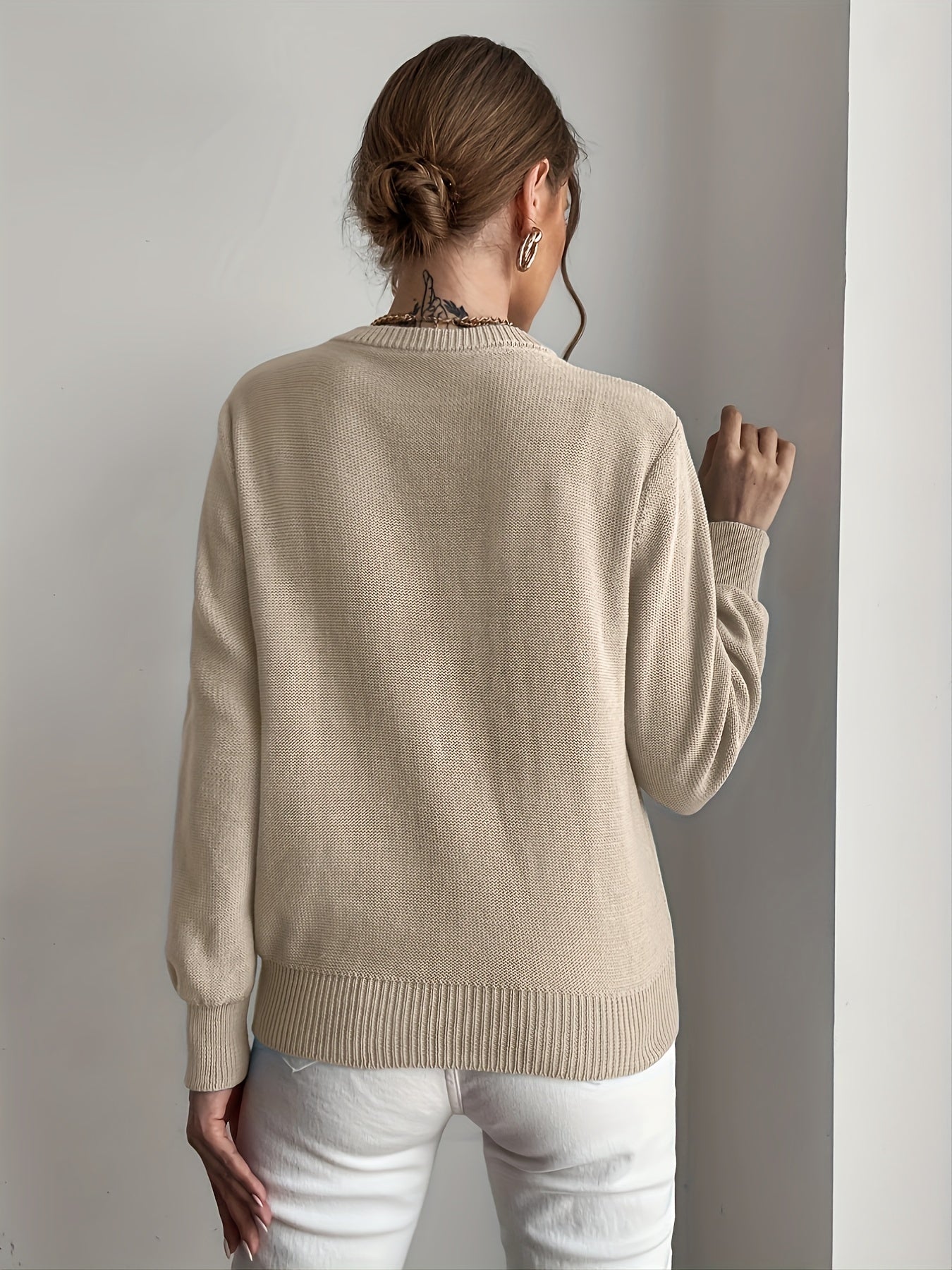 Sixsr Casual Solid Crew Neck Sweater, Long Sleeve Loose Fall Winter Knit Sweater, Women's Clothing