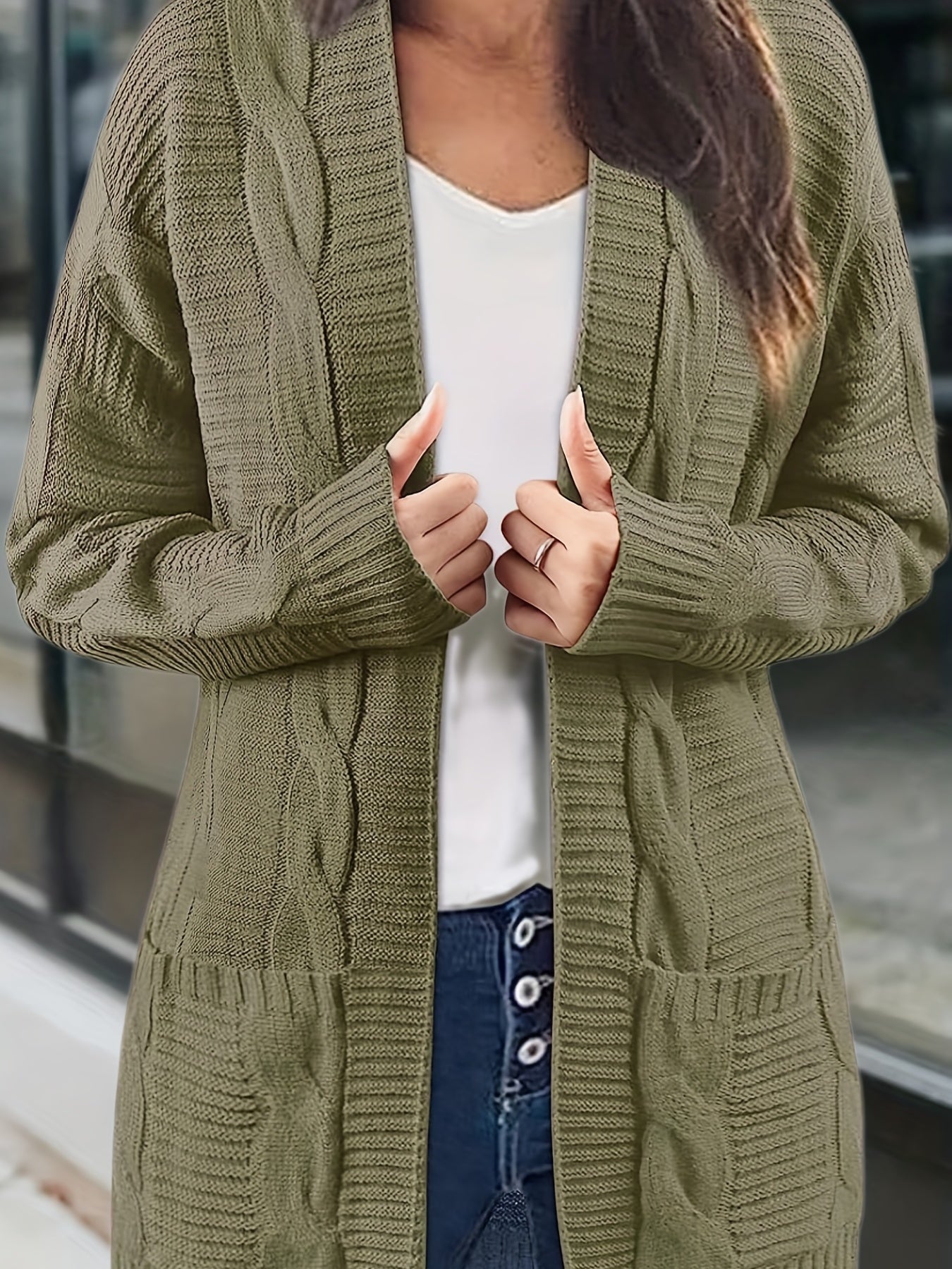 Sixsr Solid Cable Knit Cardigan, Casual Open Front Long Sleeve Sweater, Women's Clothing