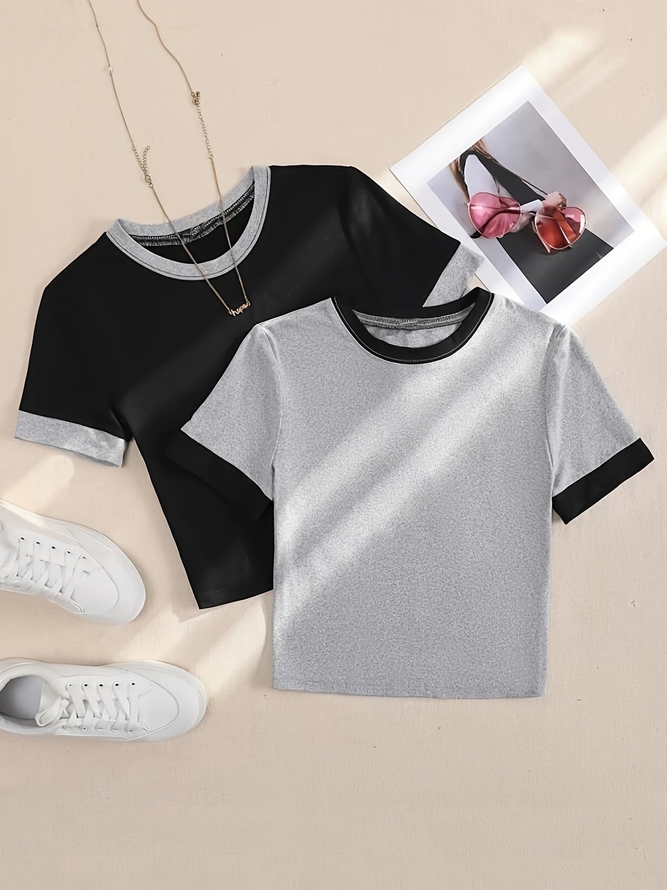 Sixsr 2 Piece Crop T-Shirt Set, Solid Short Sleeve Crew Neck T-Shirt For Summer & Spring, Women's Clothing