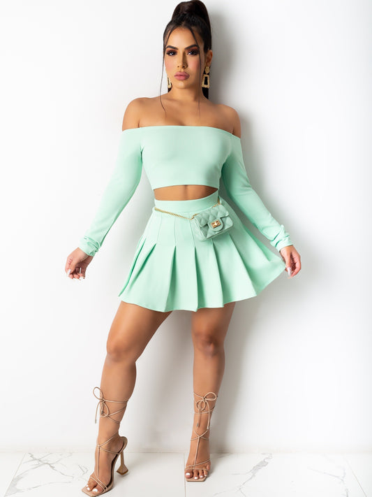 Sixsr  Solid Elegant Two-piece Set, Off Shoulder Long Sleeve Crop Top & Pleated Mini Skirt Outfits, Women's Clothing