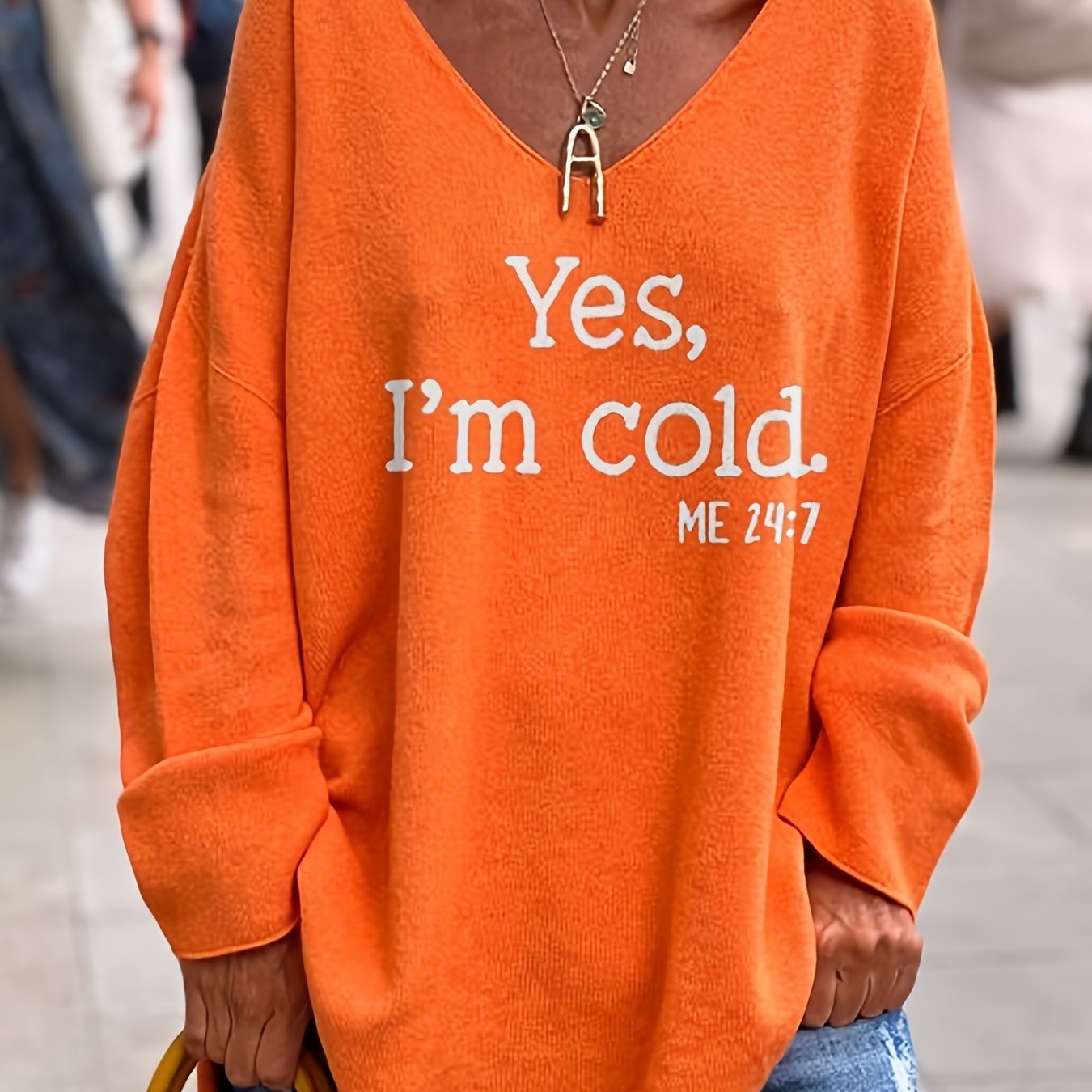 Sixsr Letter Pattern V Neck Oversized Sweater, Casual Long Sleeve Rolled Trim Sweater, Women's Clothing