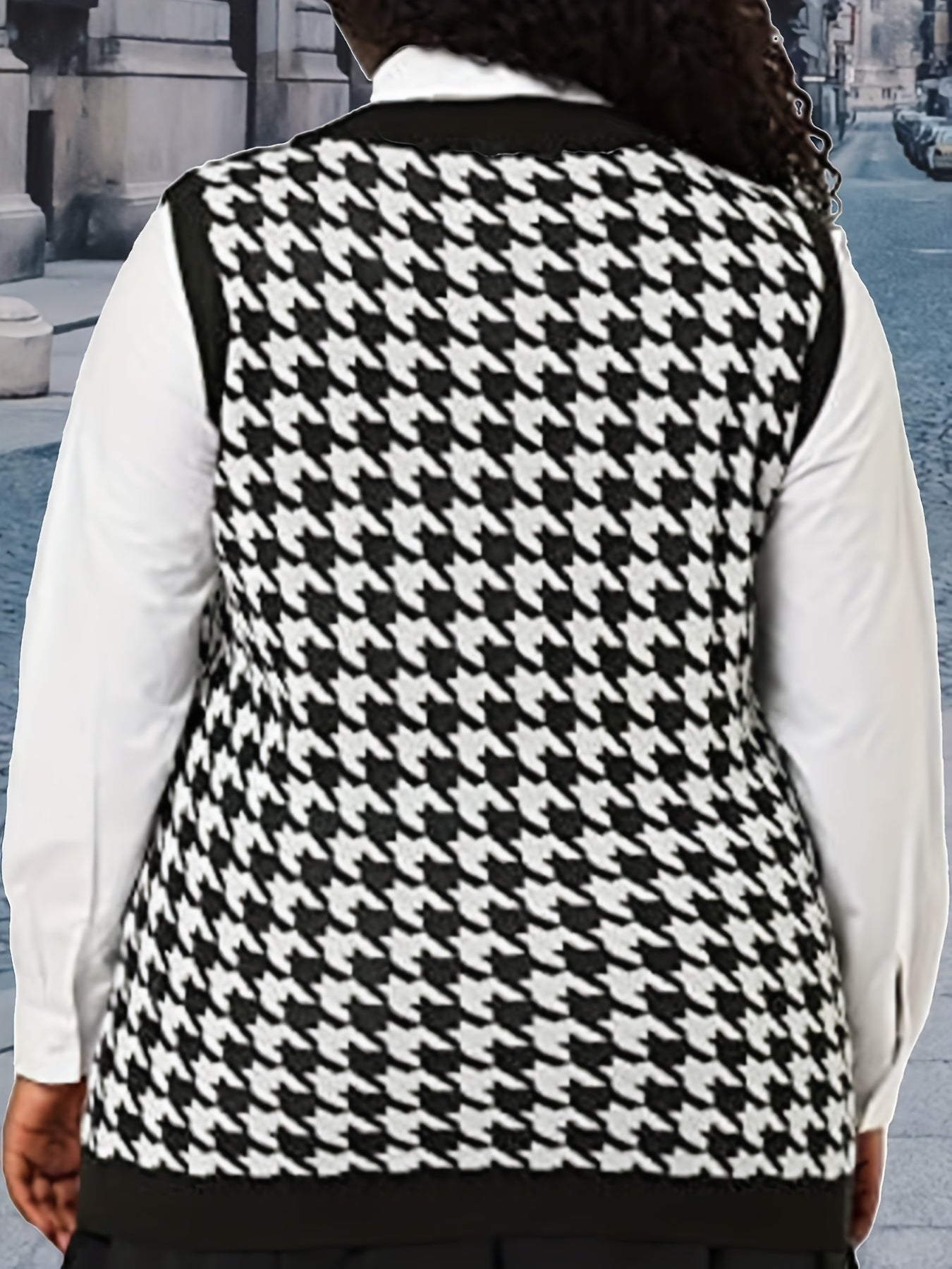 Sixsr Plus Size Preppy Vest, Women's Plus Houndstooth Pattern V Neck Medium Stretch Pullover Knit Vest
