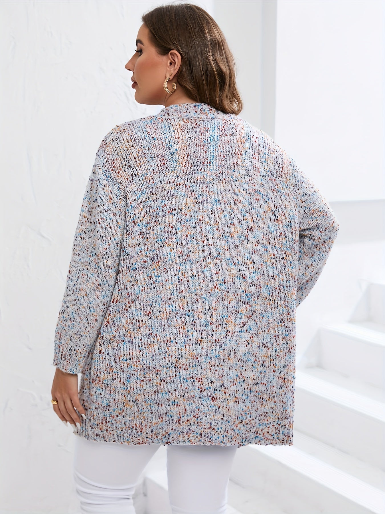 Sixsr Plus Size Ditsy Print Long Sleeve Oversized Pocket Cardigan, Women's Plus Casual Slight Stretch Sweater Cardigan
