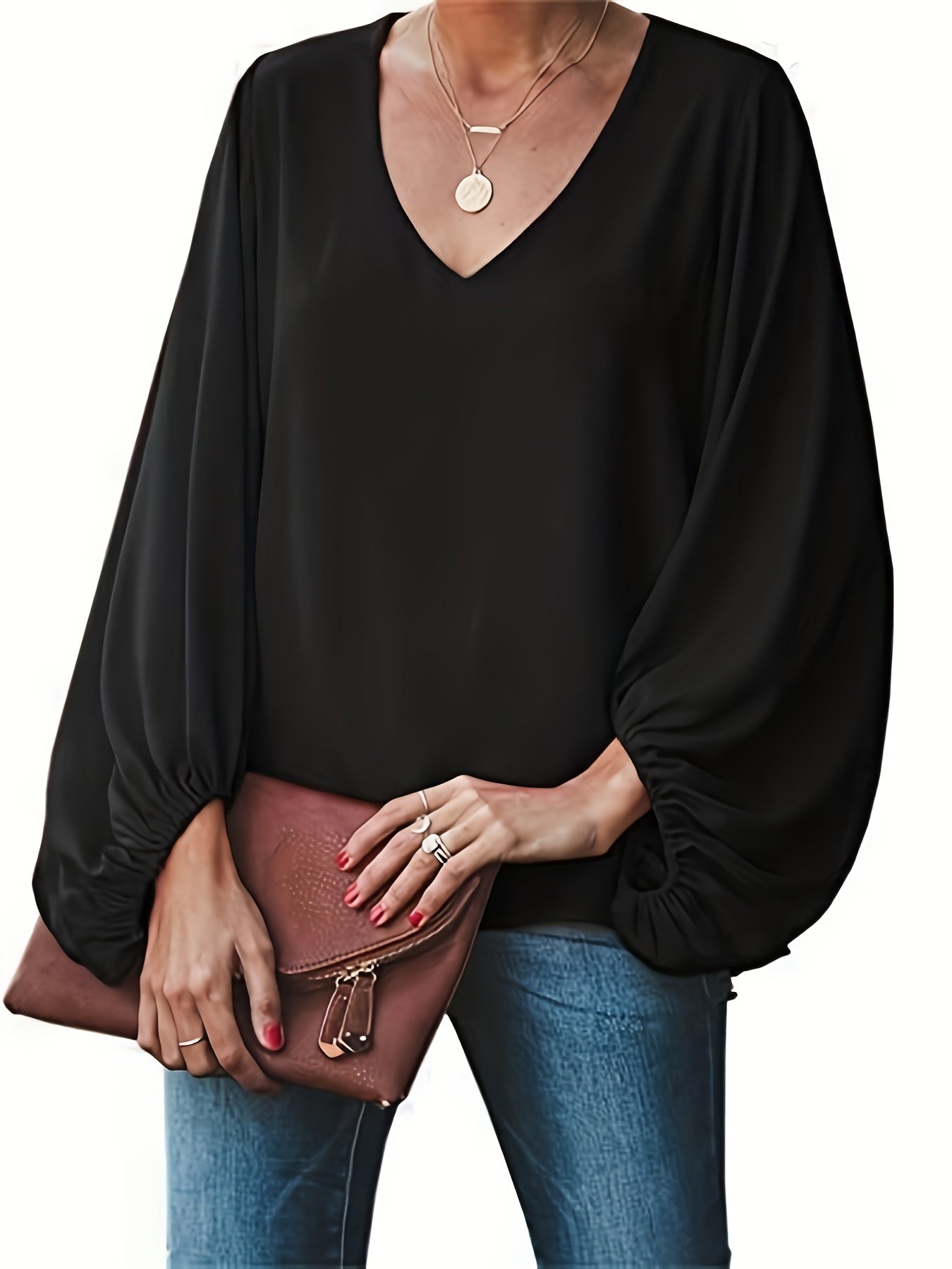 Sixsr Plus Size Casual Top, Women's Plus Solid Lantern Sleeve V Neck Non-stretch Loose Fit Top