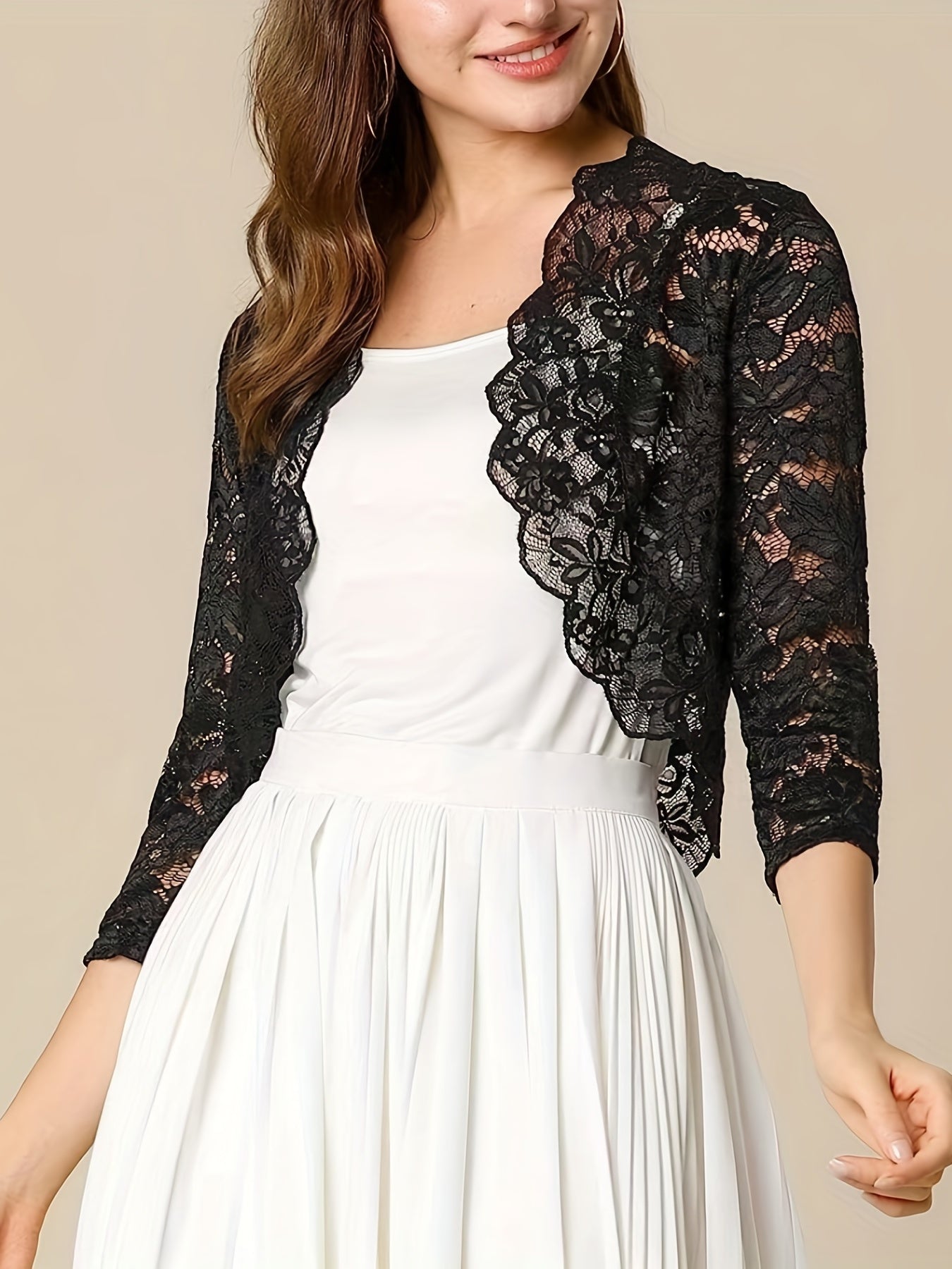 Sixsr Semi-sheer Floral Lace Crop Cardigan, Casual Three-quarter Sleeve Cover Up Cardigan, Women's Clothing