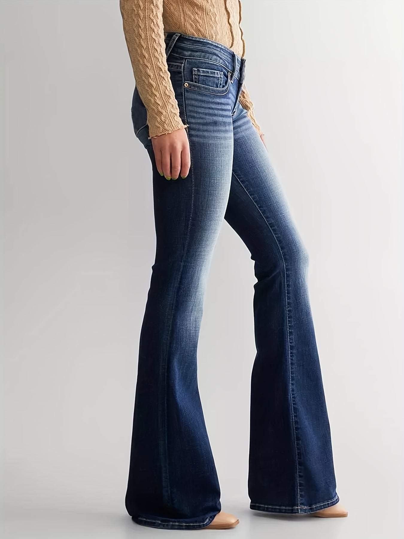 Sixsr Double Button Whiskering Flare Leg Jeans, Mid Waist Retro Faded Watter Tipple Embossed Denim Pants, Women's Denim Jeans & Clothing