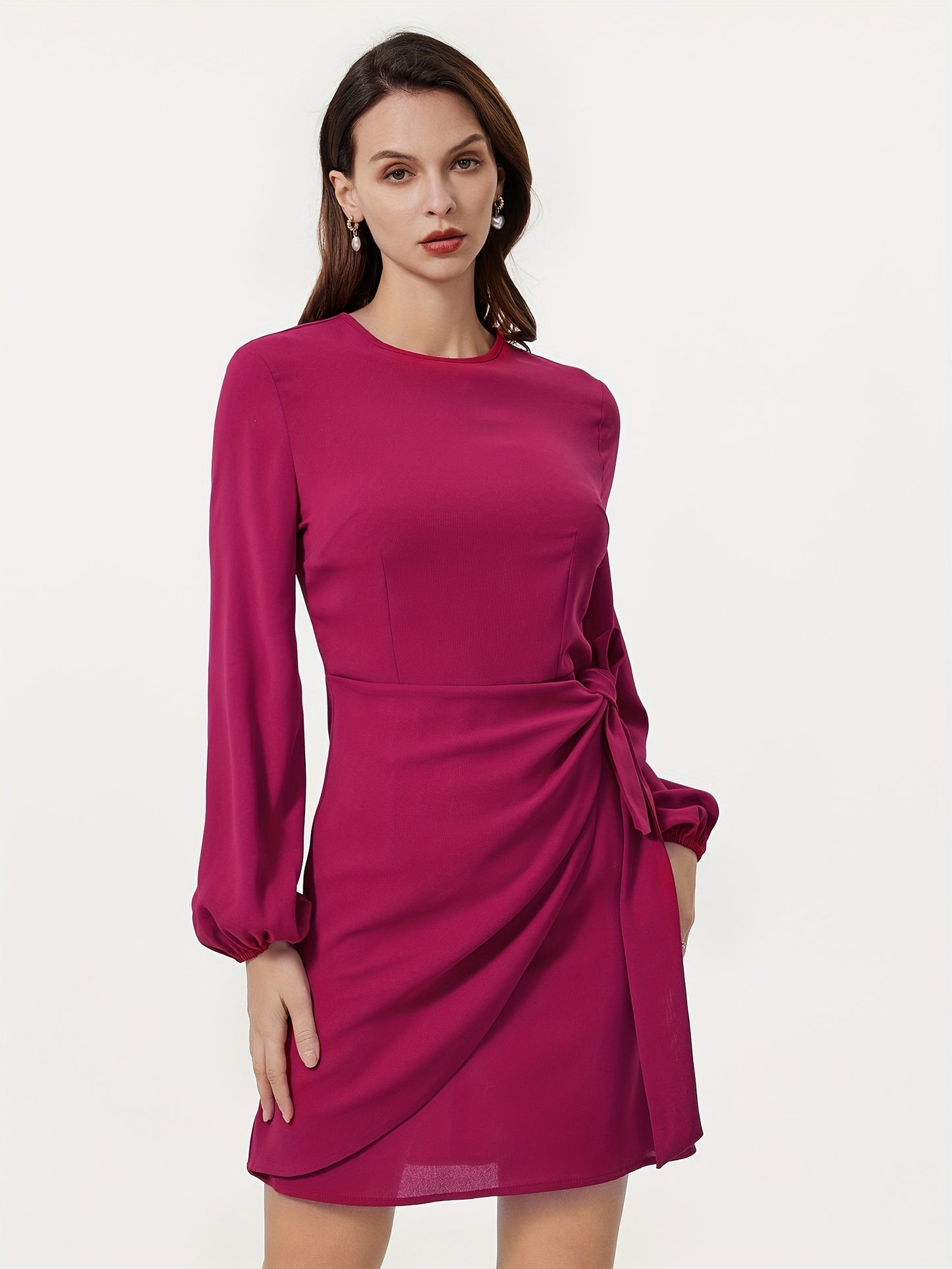 Sixsr Solid Knotted Bodycon Dress, Elegant Long Sleeve Crew Neck Mini Dress, Women's Clothing
