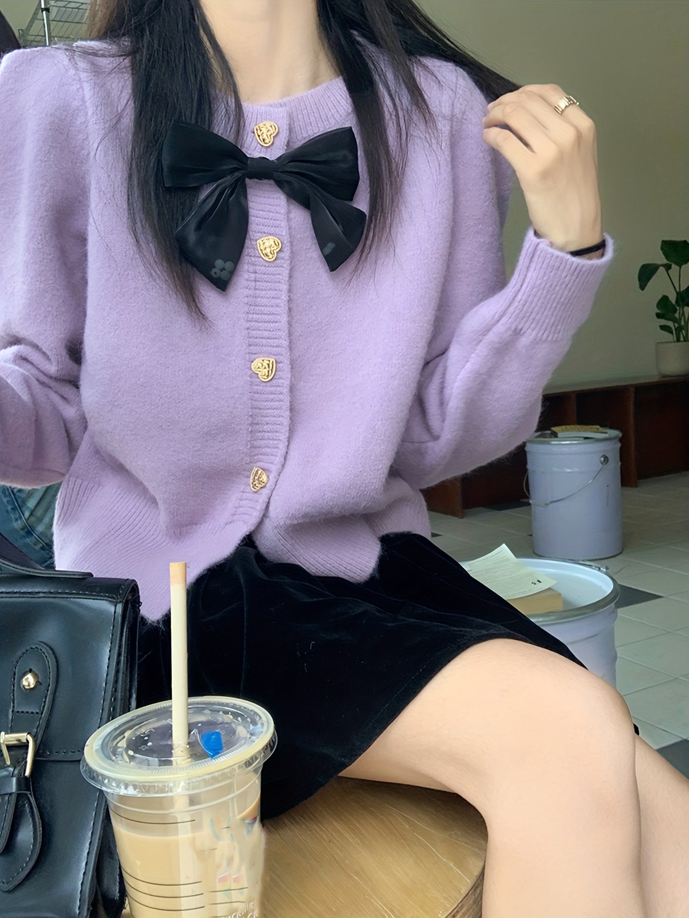 Sixsr Bow Button Up Knit Cardigan, Casual Long Sleeve Solid Sweet Sweater, Women's Clothing