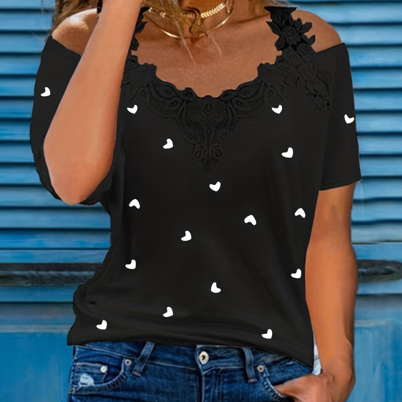 Sixsr Heart Print Contrast Lace T-shirt, Casual Cold Shoulder Short Sleeve T-shirt, Women's Clothing