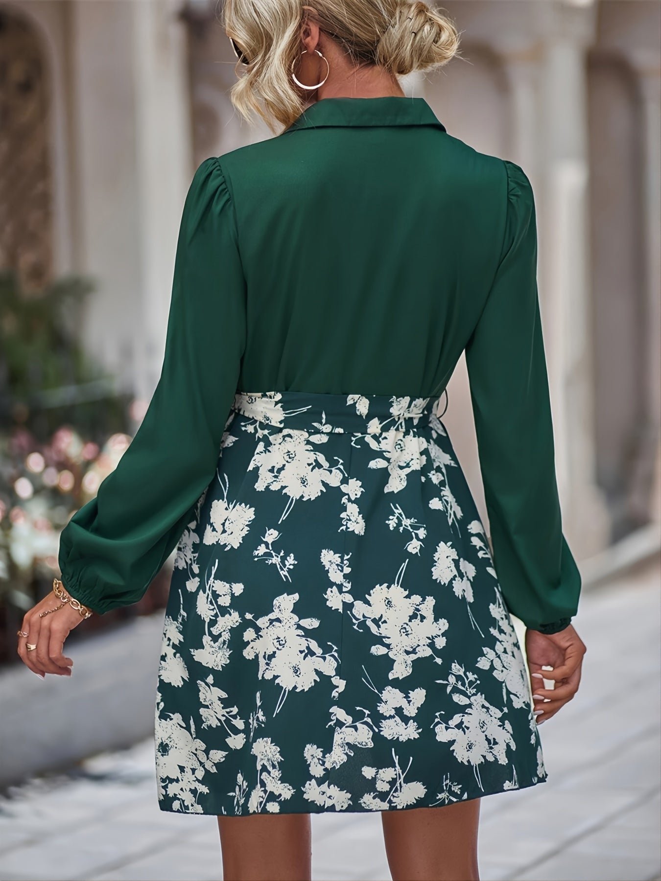 Sixsr Elegant V-neck Belt Dress, Long Sleeve Print V-neck Lapel Waist Summer Dresses, Women's Clothing