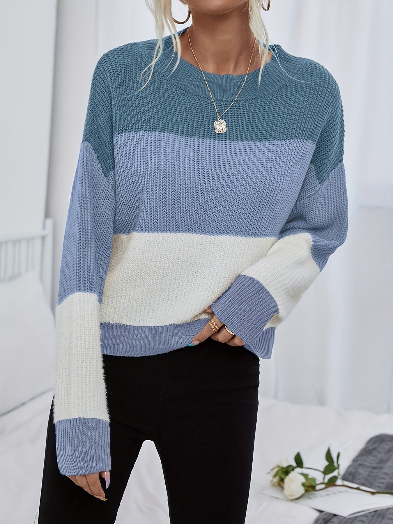 Sixsr Color Block Crew Neck Pullover Sweater, Casual Long Sleeve Drop Shoulder Sweater, Women's Clothing