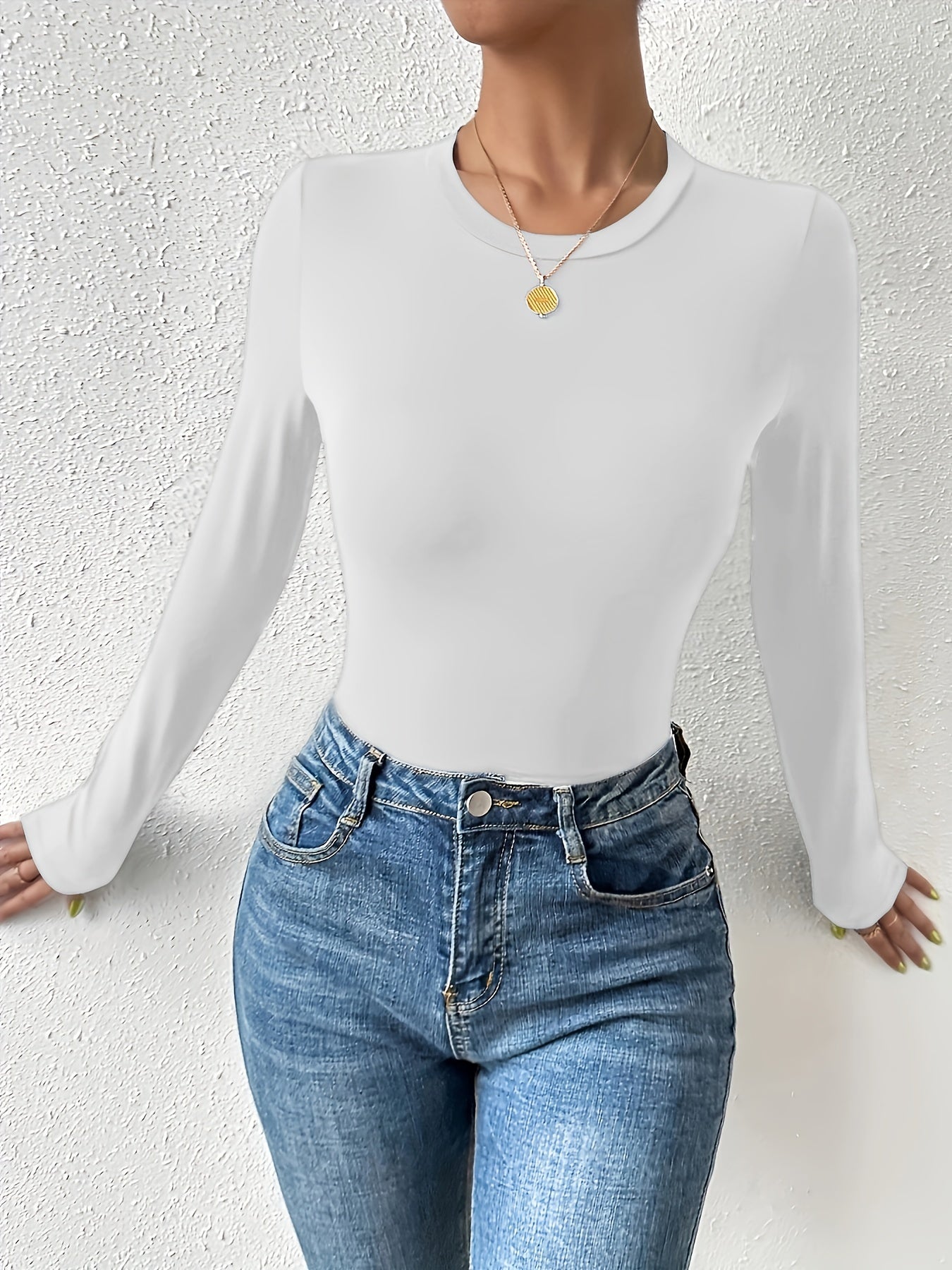 Sixsr Basic Skinny Stretchy Top, Long Sleeve Crew Neck Solid T-Shirts, Casual Every Day Tops, Women's Clothing