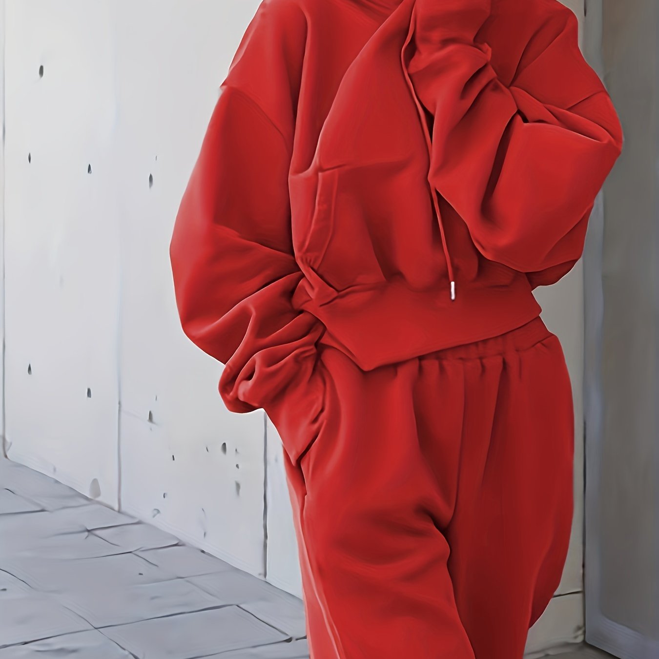 Sixsr 2pcs Athleisure Set, Oversized Solid Hooded Pocket Drawstring Sweatshirts & Sweatpants Sets, Women's Clothing