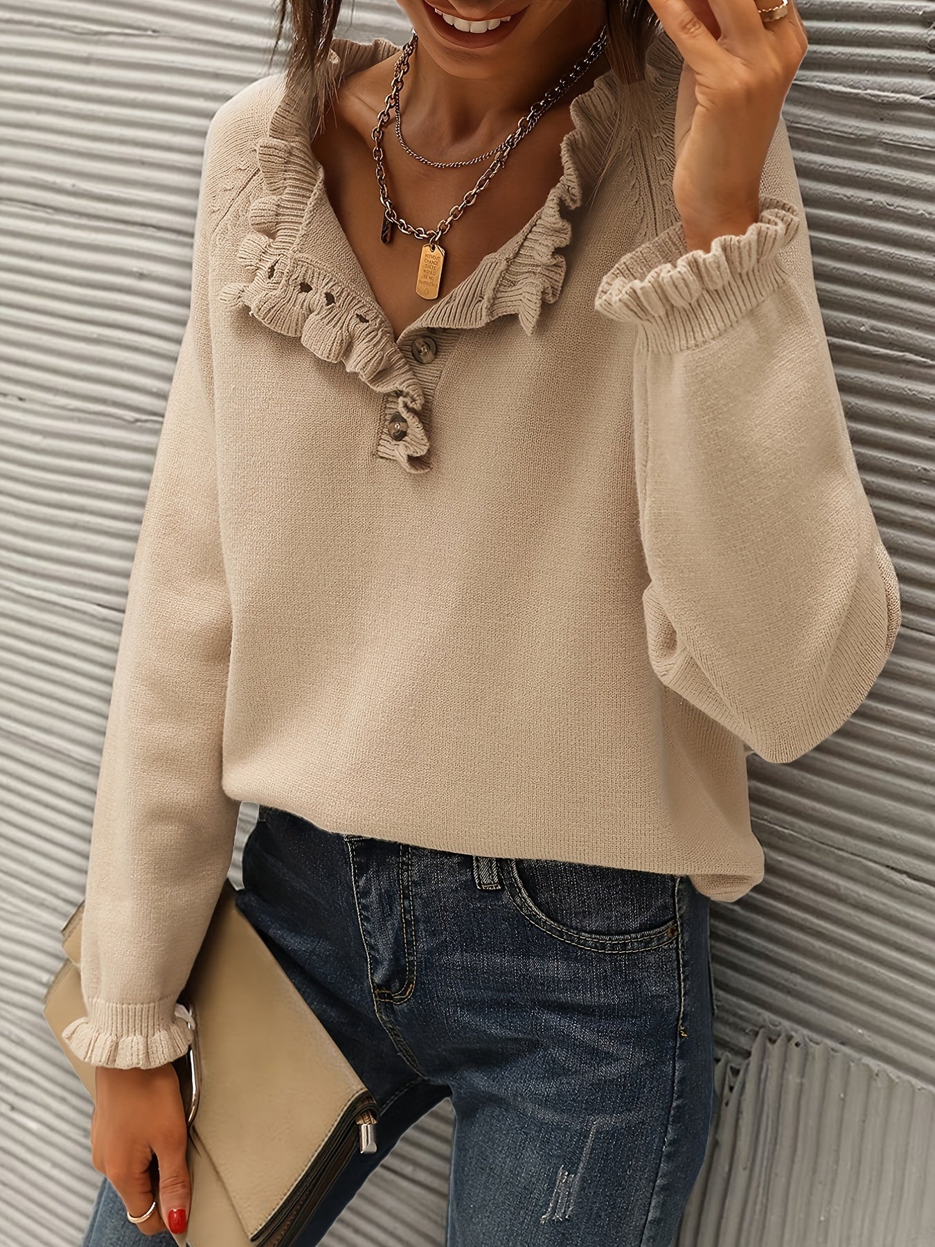Sixsr Solid V Neck Button Ruffle Hem Pullover Sweater, Casual Long Sleeve Sweater For Fall & Winter, Women's Clothing