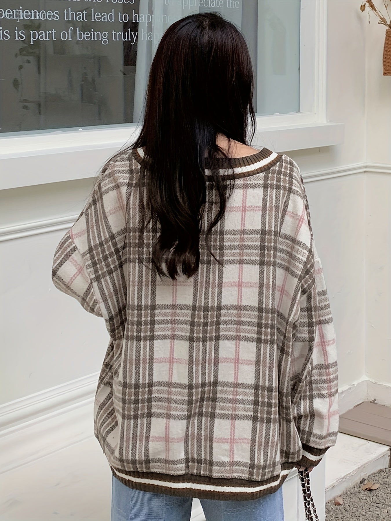 Sixsr Plaid V Neck Pullover Sweater, Casual Long Sleeve Loose Sweater For Fall & Winter, Women's Clothing