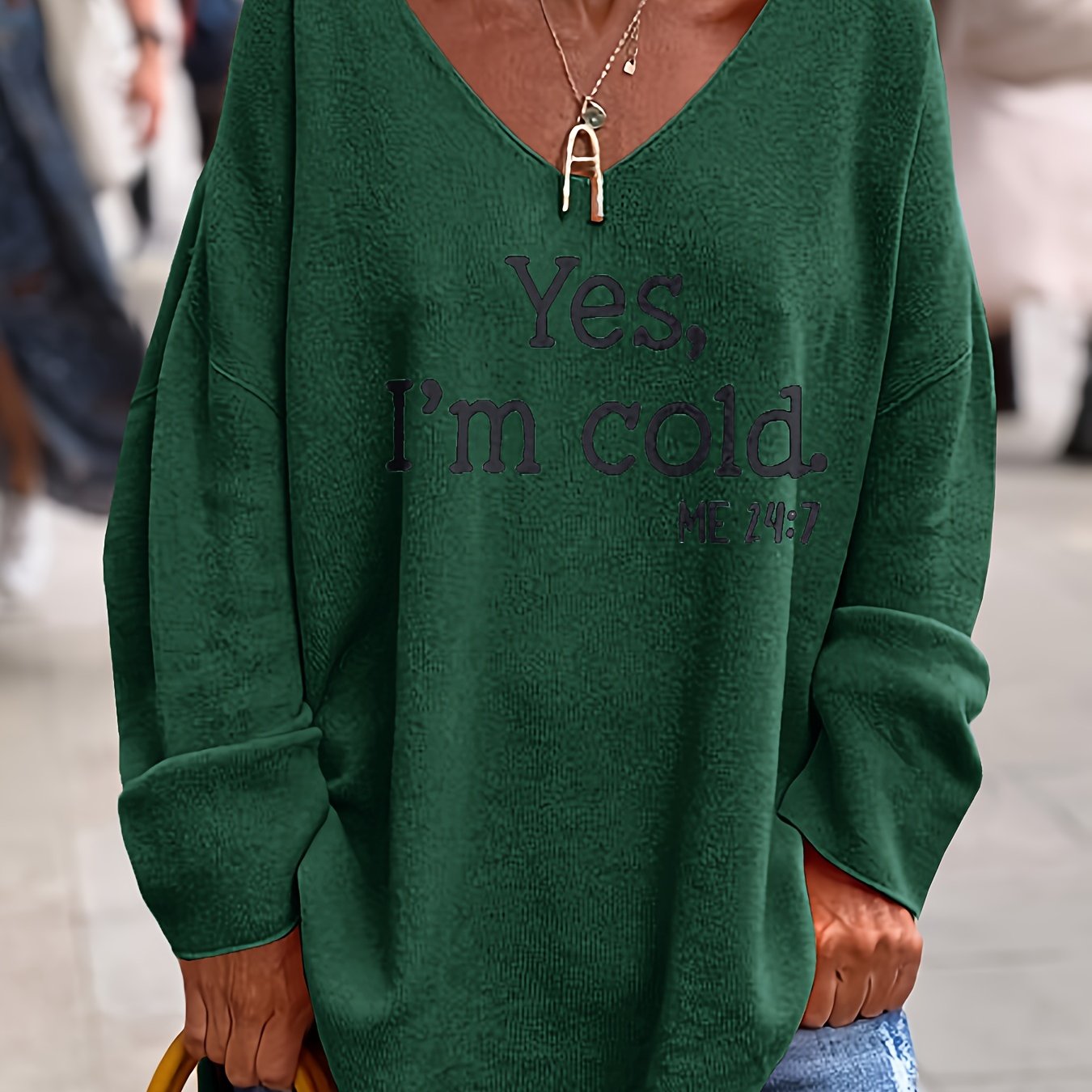 Sixsr Letter Pattern V Neck Oversized Sweater, Casual Long Sleeve Rolled Trim Sweater, Women's Clothing