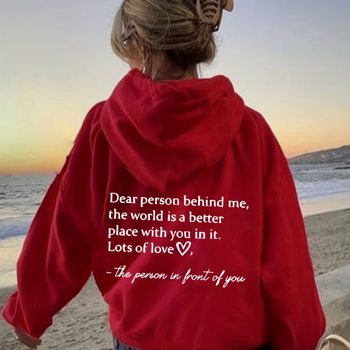 Sixsr Plus Size Casual Sweatshirt, Women's Plus Heart & Letter Print Long Sleeve Drawstring Hoodie
