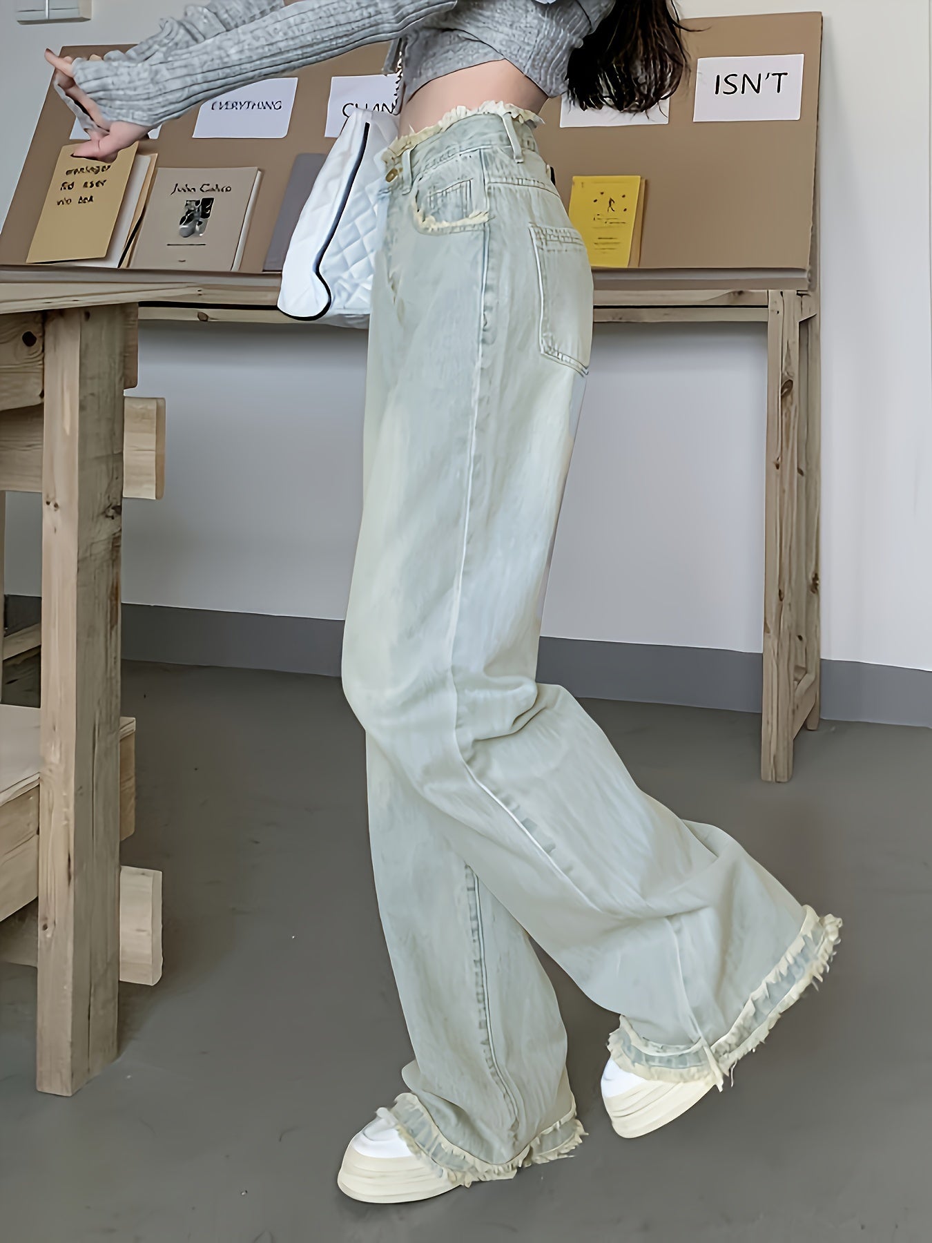 Sixsr High Waist Chic Baggy Jeans, Frayed Hem Loose Fit Slant Pockets Denim Pants, Women's Denim Jeans & Clothing