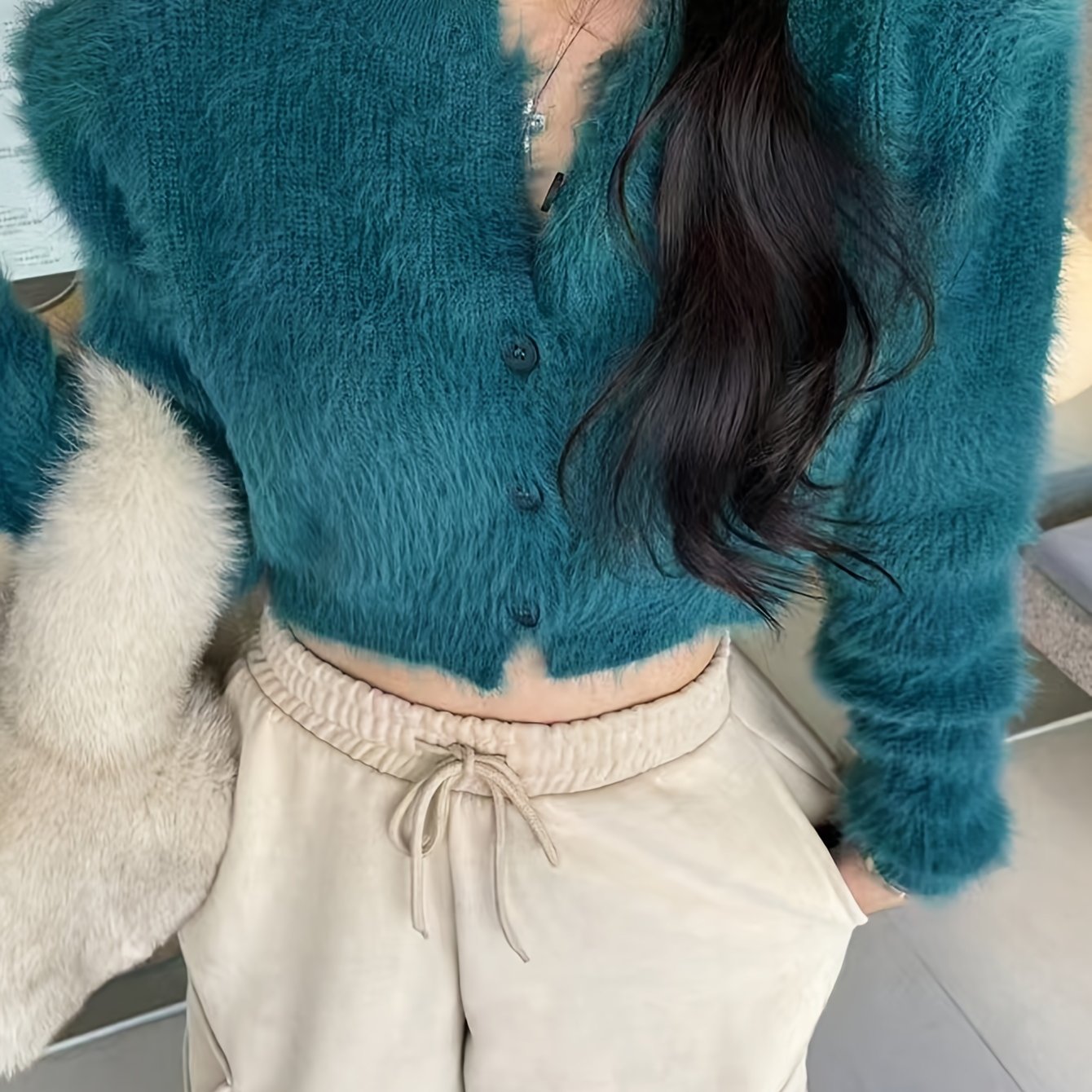 Sixsr Solid Color Button Front Cardigans Top, Casual Slim Fuzzy Long Sleeve Crop Top For Fall & Winter, Women's Clothing