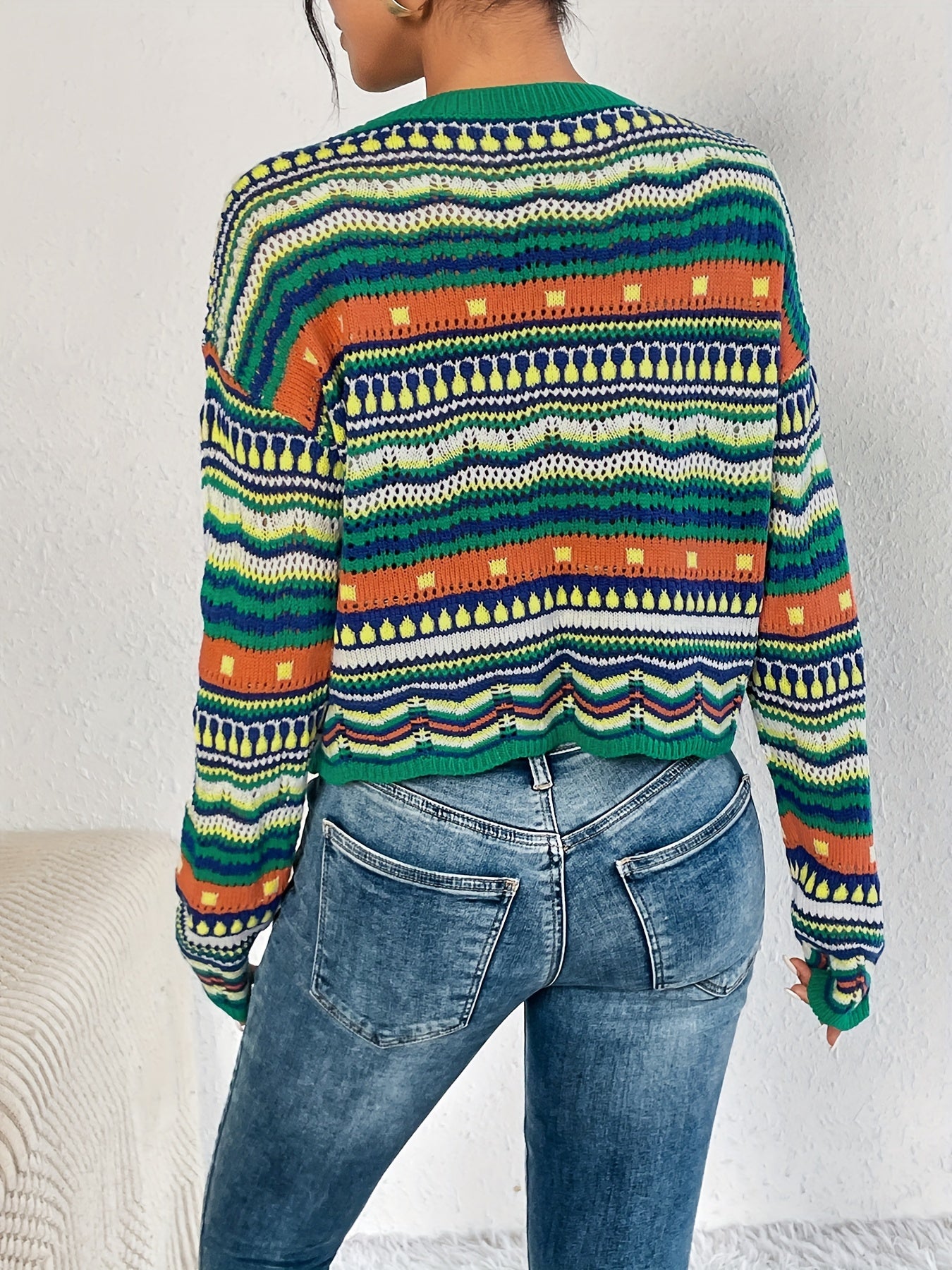Sixsr Ethnic Print Eyelet Knit Sweater, Casual Crew Neck Long Sleeve Drop Shoulder Sweater, Women's Clothing