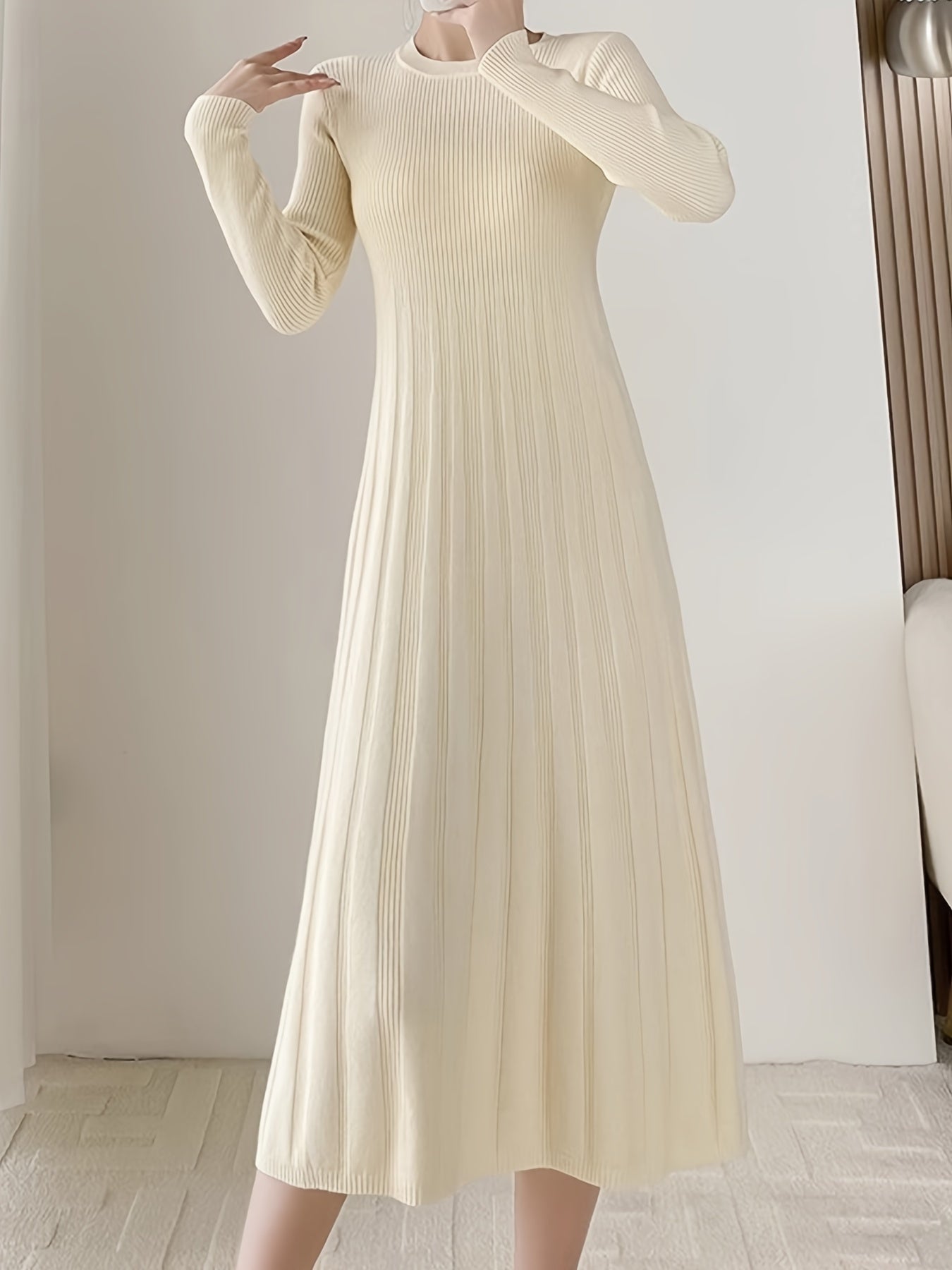 Sixsr Solid Crew Neck Slim Dress, Elegant Long Sleeve Aline Dress For Spring & Fall, Women's Clothing