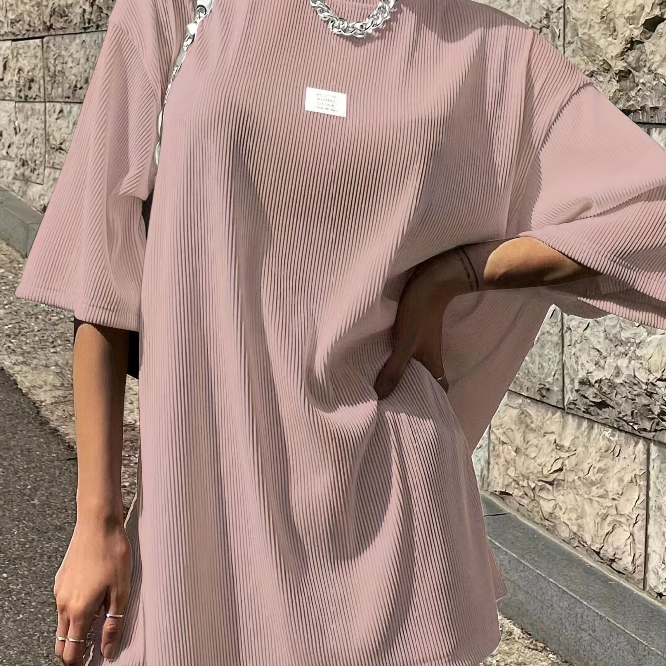 Sixsr Oversized Drop Shoulder Ribbed T-Shirt, Casual Crew Neck Short Sleeve T-Shirt For Spring & Summer, Women's Clothing