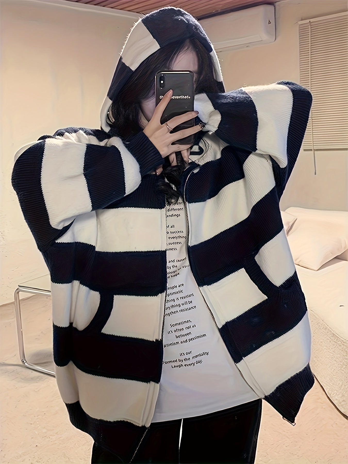 Sixsr Striped Zip Up Knit Cardigan, Vintage Long Sleeve Loose Hooded Sweater, Women's Clothing